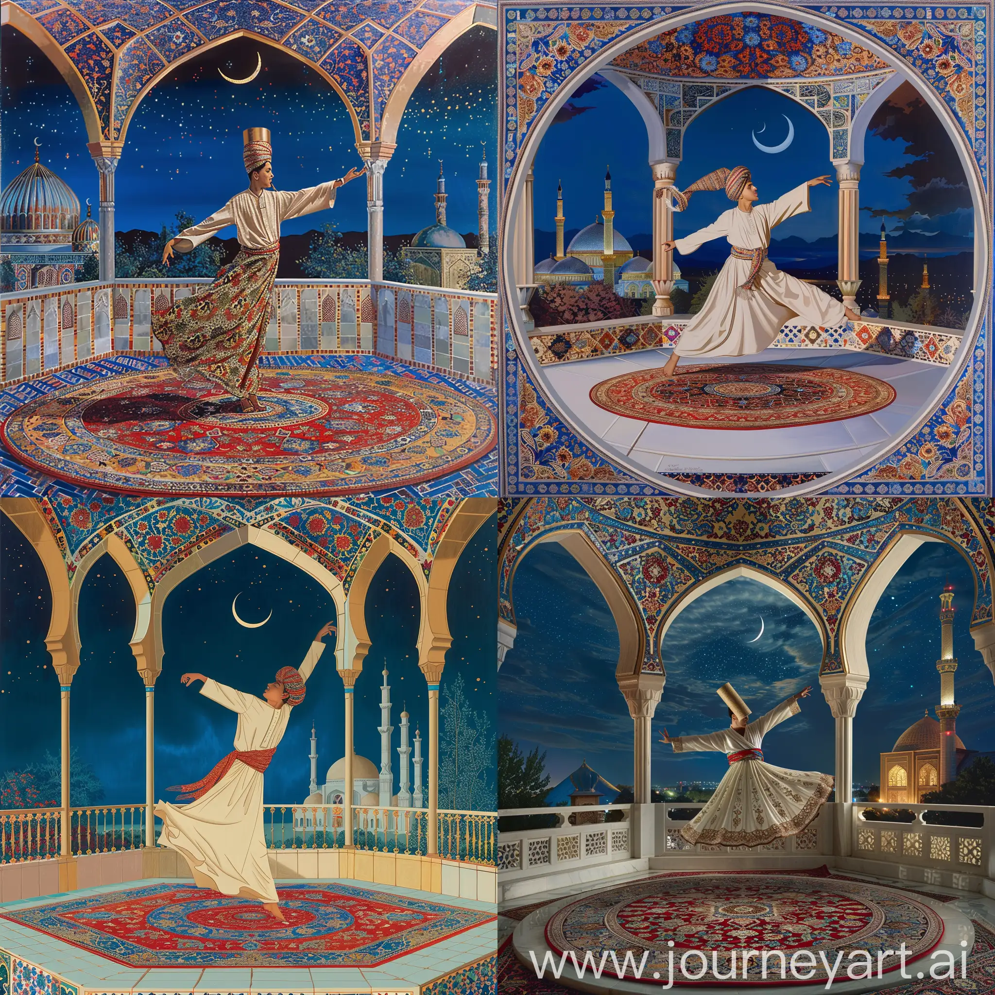 A young British dervish wearing cylindrical fez cap performing sufi whirling sema dance on a persian carpet, inside an octagonal balcony having three arches decorated with red blue gold persian floral motifs, serene night sky with a crescent, view of Persian tiled mosque, White blue red golden composition --sref <https://cdn.discordapp.com/attachments/1213041174428782623/1223222044104069191/IMG_20240326_220808.png?ex=665c4dcd&is=665afc4d&hm=6bf196b26583990d01392b5caa7275c6a6890faeaf5efc85434e57eda5e43ae3&> --sw 999 --style raw --q 1 --s 999 --ar 4:5 --v 6 --ar 1:1 --no 34834