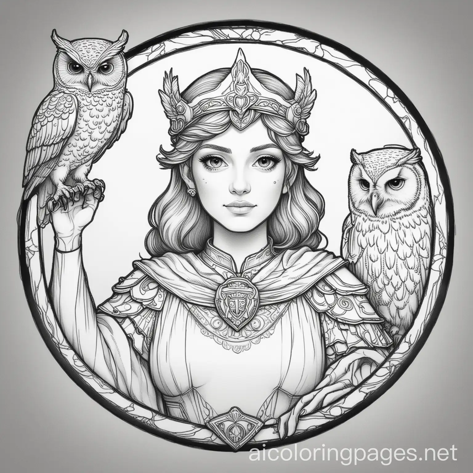 Design a coloring book image of Minerva, shown with her helmet, shield, and owl, in black and white outline, Coloring Page, black and white, line art, white background, Simplicity, Ample White Space. The background of the coloring page is plain white to make it easy for young children to color within the lines. The outlines of all the subjects are easy to distinguish, making it simple for kids to color without too much difficulty