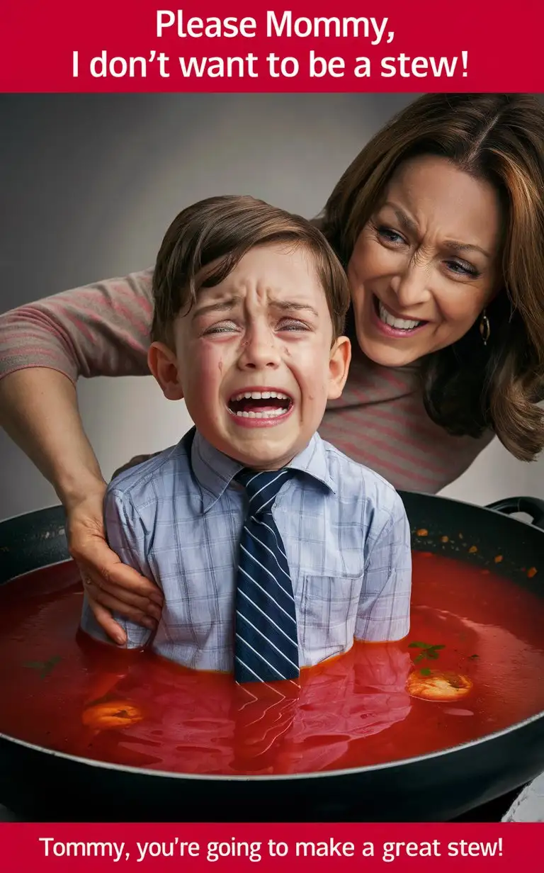  Photograph of a cute little 6-year-old boy, the boy is crying because his mother is pushing him down up to his neck into a tall wide deep pan full of tomato soup as if about to cook him, English, perfect children faces, perfect faces, smooth, top captions “Please mommy, I don’t want to be a stew!”, bottom captions “Tommy, you’re going to make a great stew!”