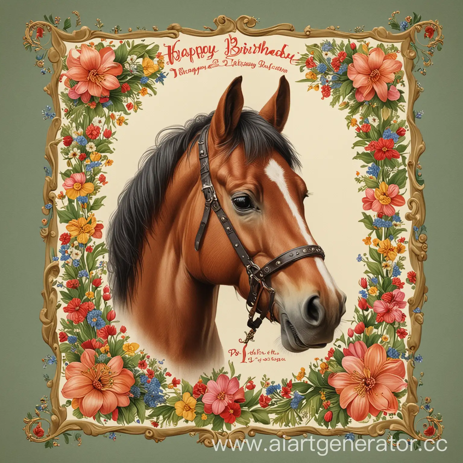 открытка с надписью на русском   "С днем рождения Влада" с изображением милой лошади  с цветами в зубах