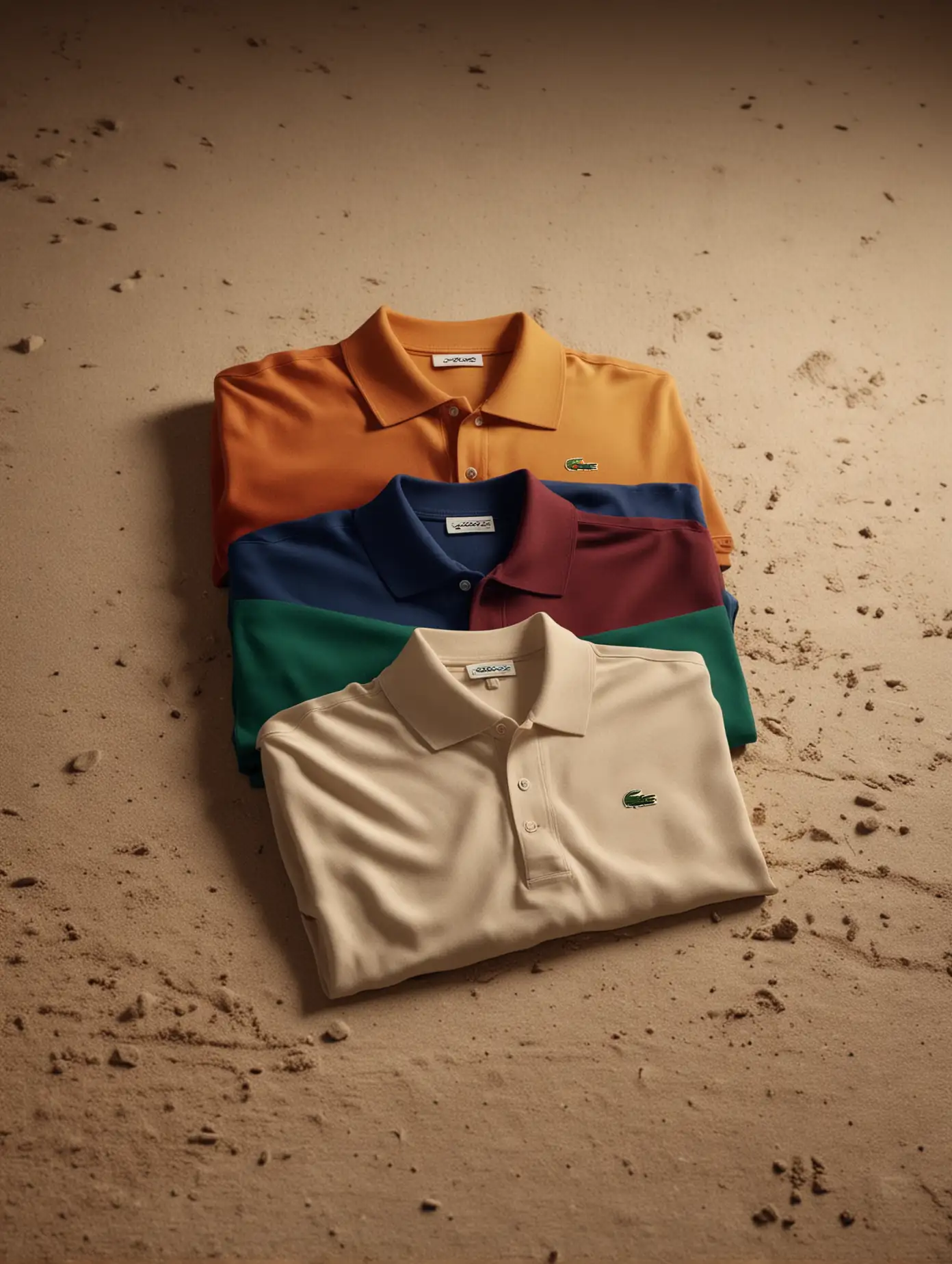 a couple of Lacoste polo shirts with different colors, placed in a sandy room, cinematic light, ultra realistic, arri camera, film roll, 8k, best possible realism
