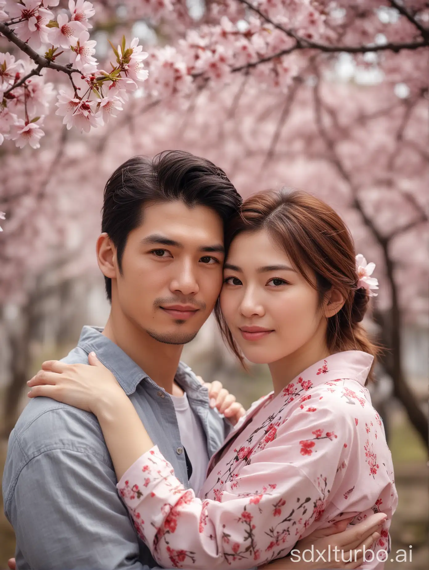 Portrait of a couple hugging, showing their love and relationship facing the viewer, Sakura blooming as a blurred background, Photo, 64K, UHD, 