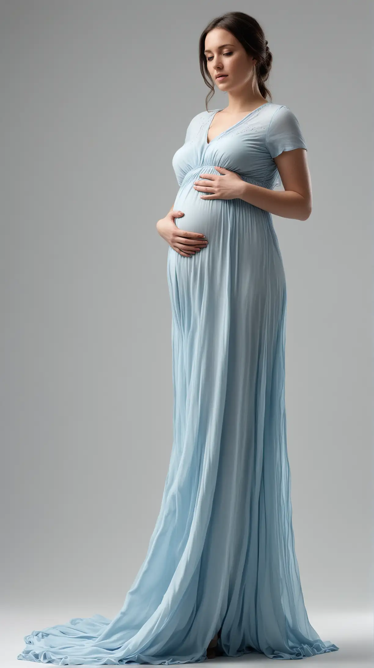Professional Studio Photo of Pregnant Woman in Light Blue Flowing Dress