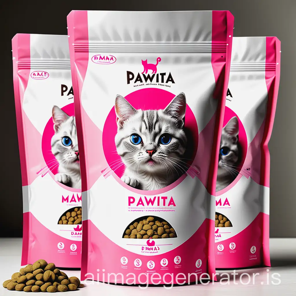 Cat dry mama brand name is Pawita. Our brand is 1.5 kilos in a white doypack ambalance, should be simple and elegant design appropriate for pink color.