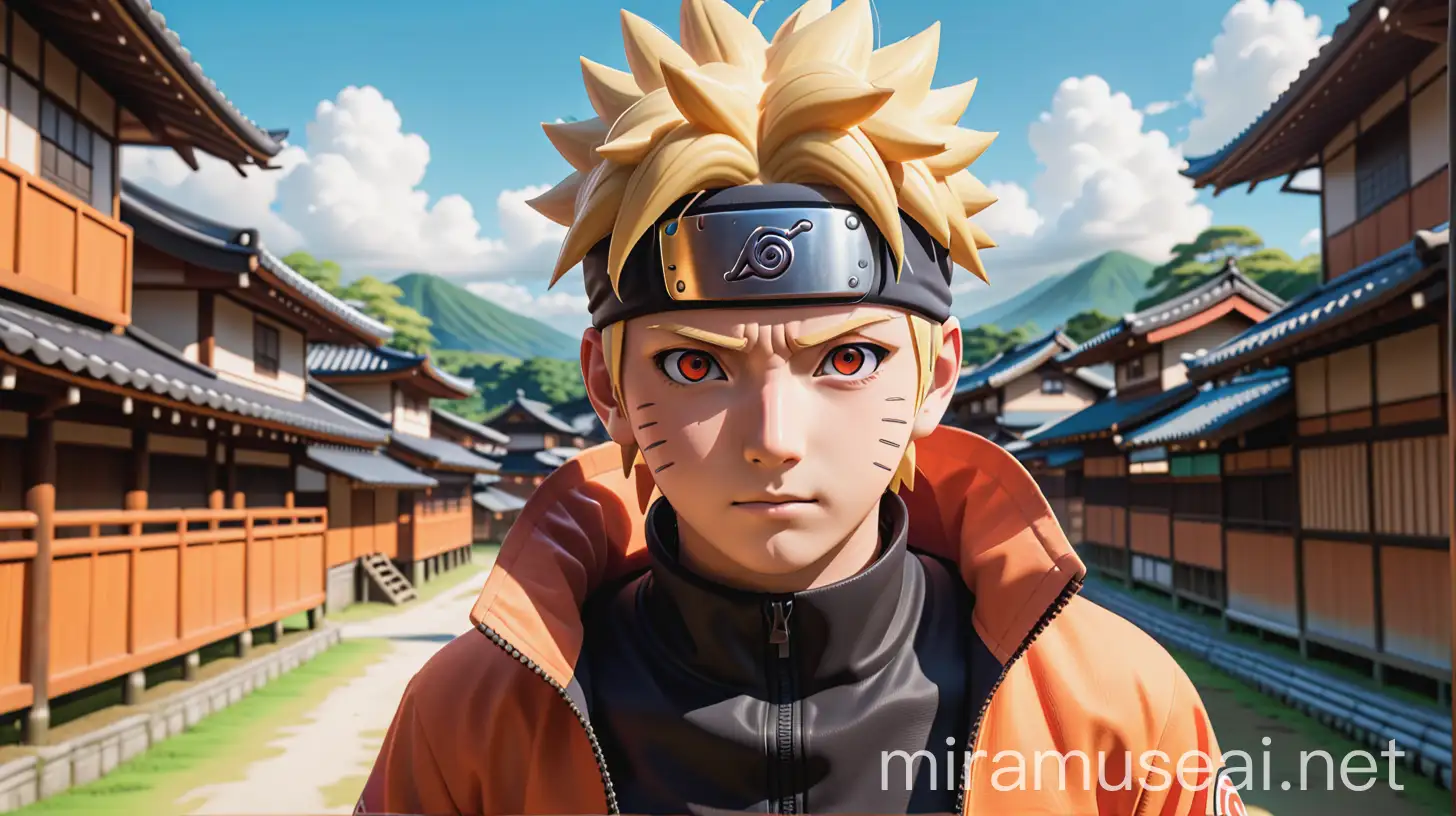 Realistic 4D cartoon, Naruto character, background view in Konoha