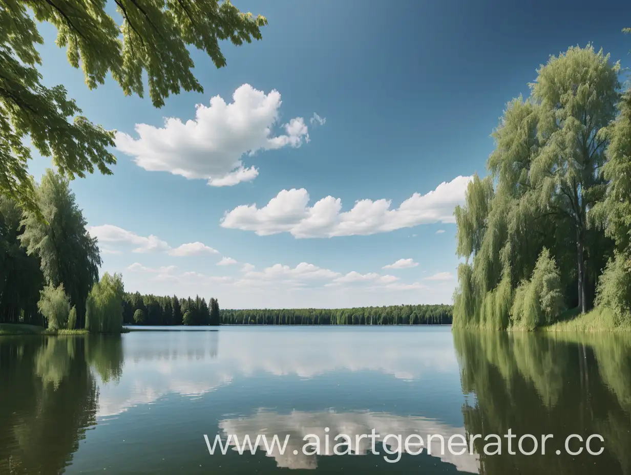 Serene-Summer-Scene-Tranquil-Lake-Amidst-Verdant-Trees-and-Clear-Skies