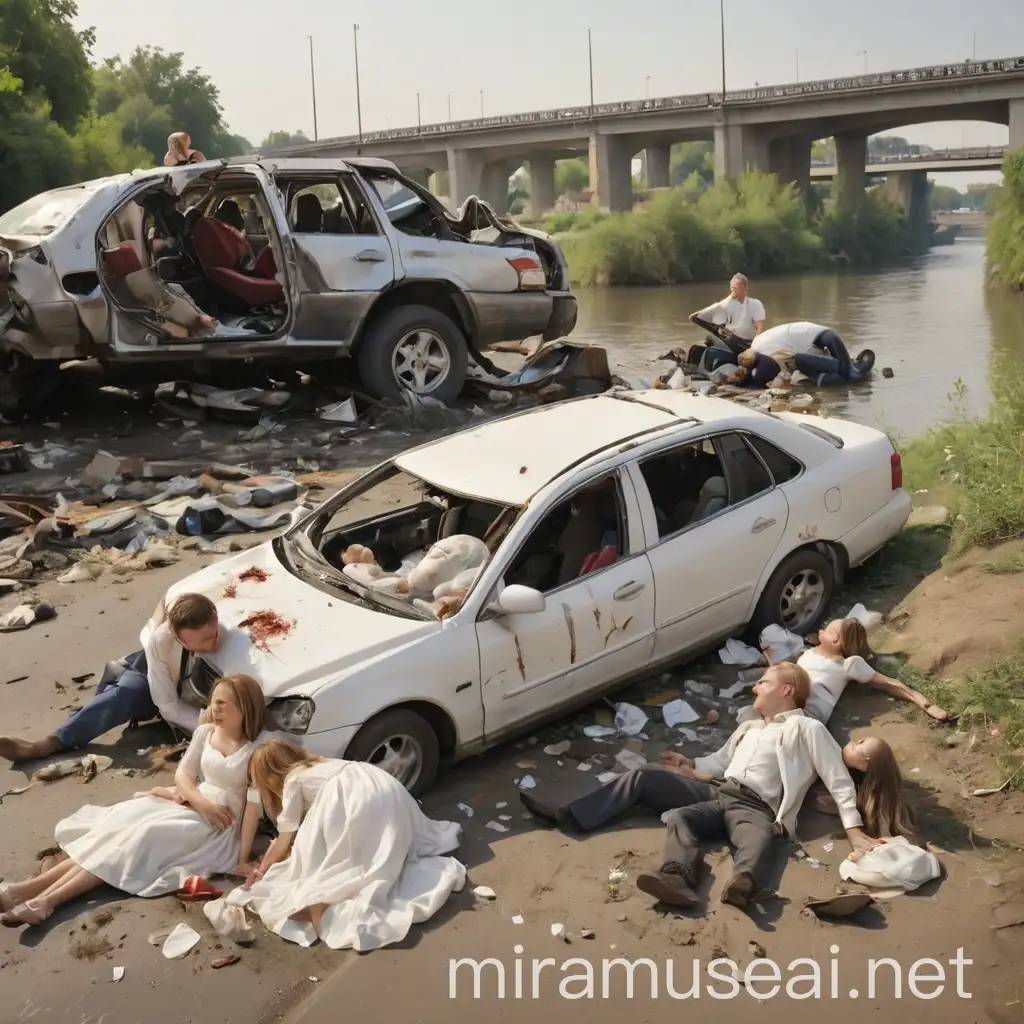 A white dead rich man, his wife and children in a vehicle accident near bridge by the river