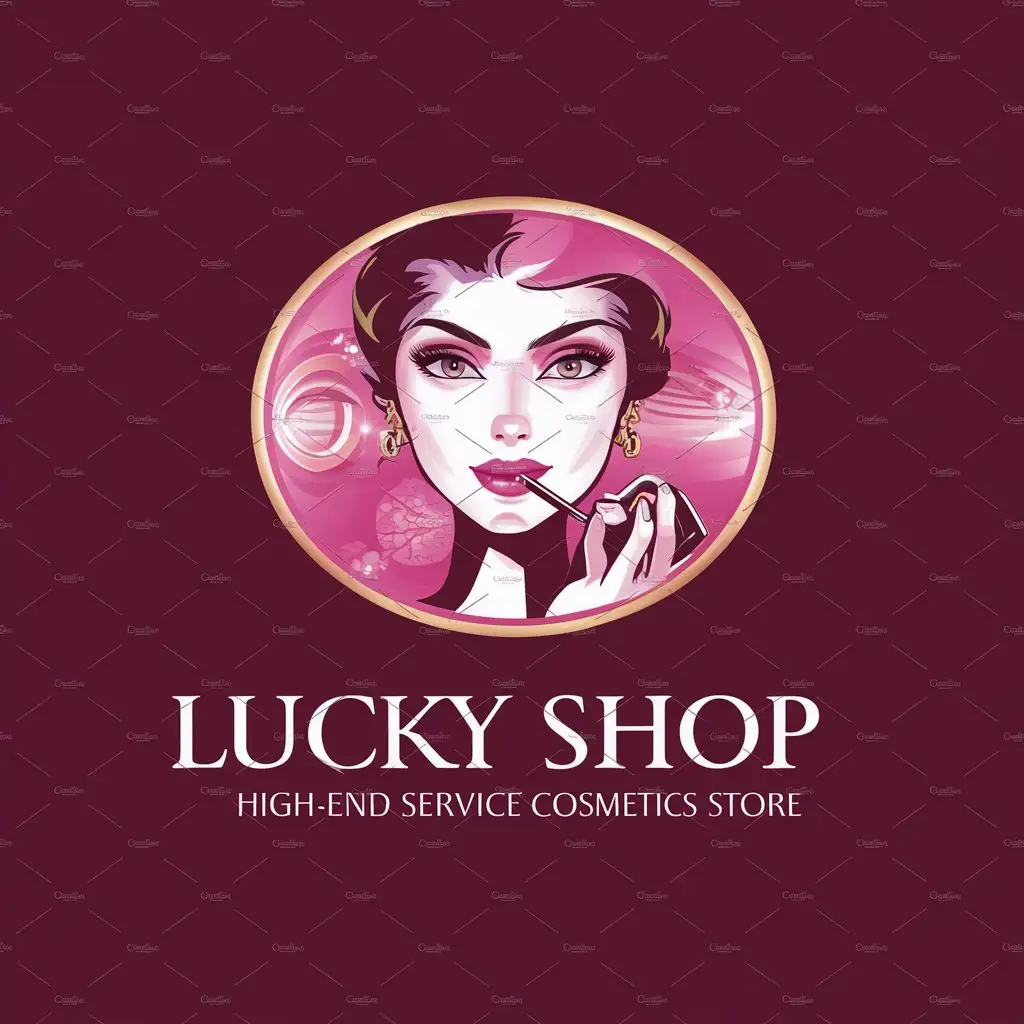Please give me a luxury logo design for a professional high-end service-focused cosmetics store called LUCKY SHOP. Give me the main symbol: a girl looking in the mirror and applying lipstick in a luxurious and powerful way. Main color is pink