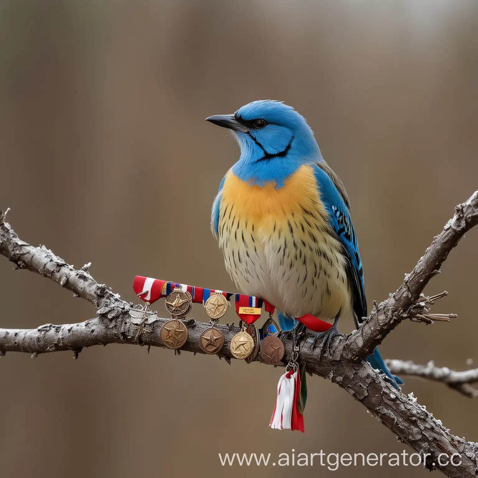 Bird-Snegir-Sitting-on-Branch-with-Heroism-Medals