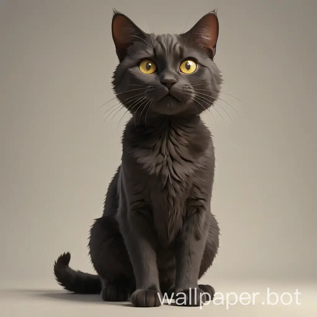Create a 3D animated vector silhouette image of a cat from a front angle, looking directly at the camera, with a frontal view.