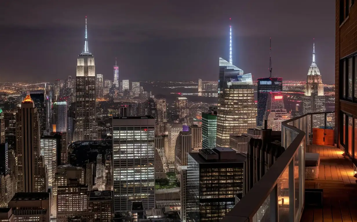 Nighttime-View-of-New-York-City-Skyline-from-High-Rise-Apartment-Balcony