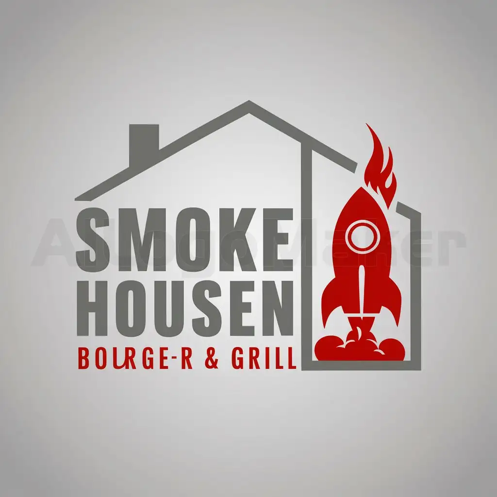 a logo design,with the text "SMOKE HOUSEnBURGER & GRILL", main symbol:The logo will be in grey and red color and the logo represents a rocket launching a red fire in a frame in the shape of a house,Moderate,clear background