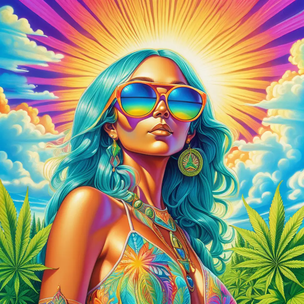 Psychedelic Exotic Goddess in Cannabis Field with Sunglasses