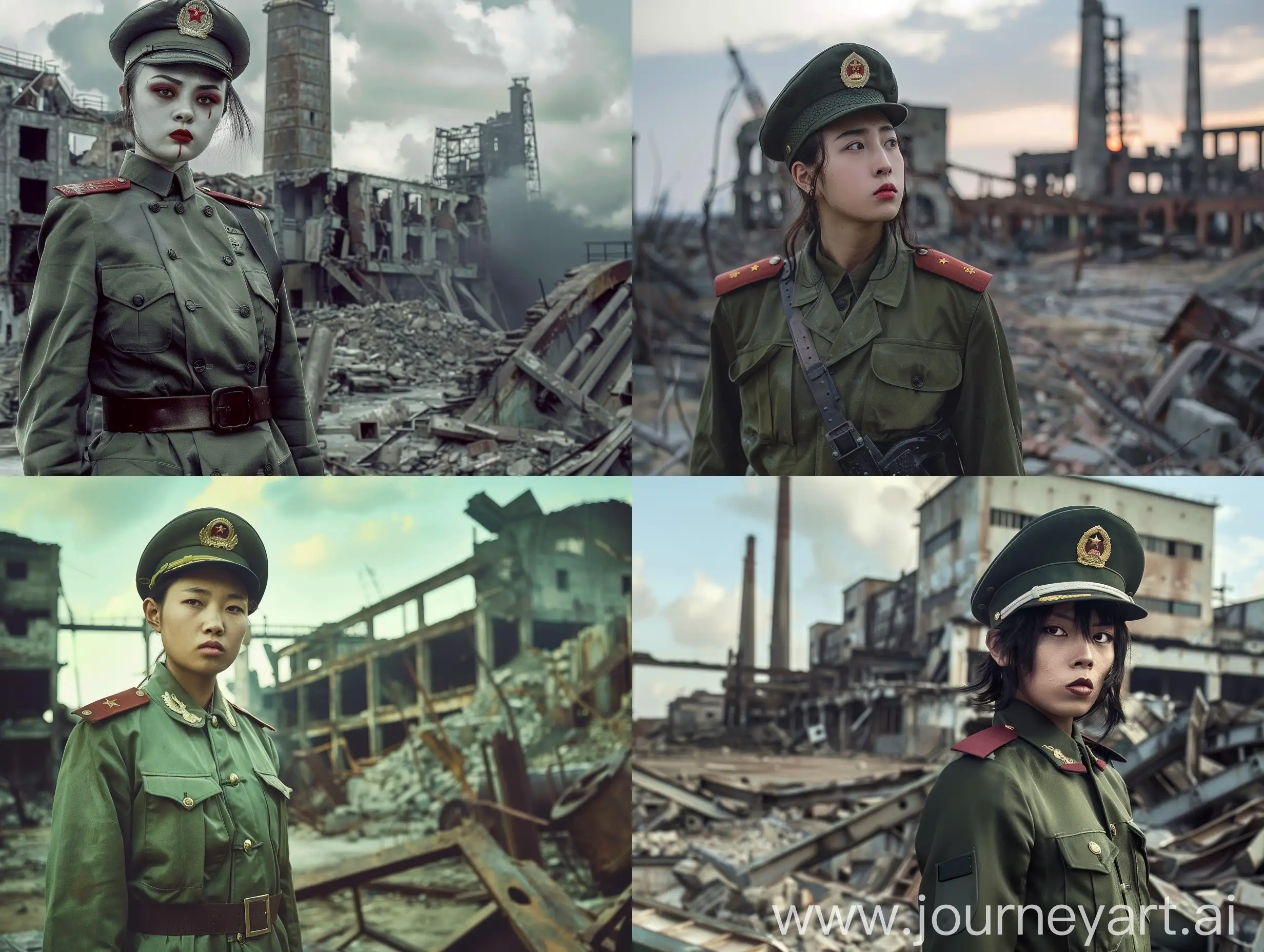 一个穿着中国65式军服的男娘在工厂的废墟前