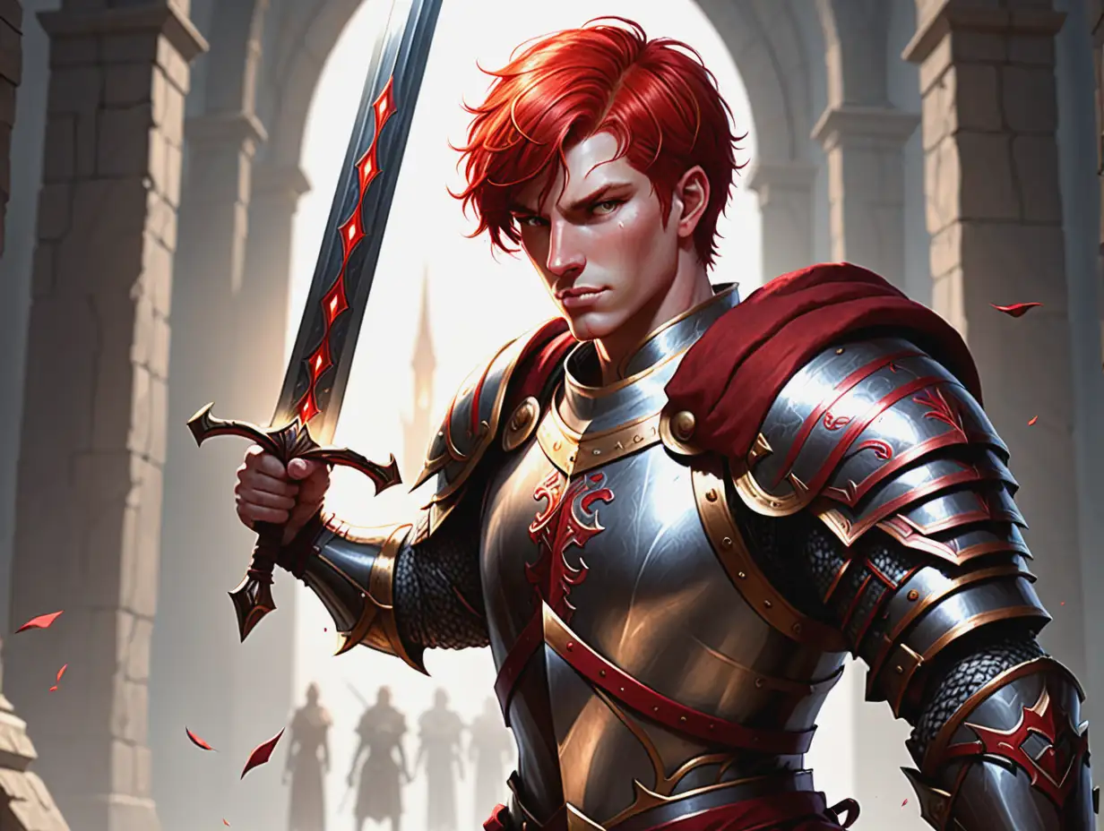 Паладин с рыжими короткими волосами мужчина поднимает вверх меч