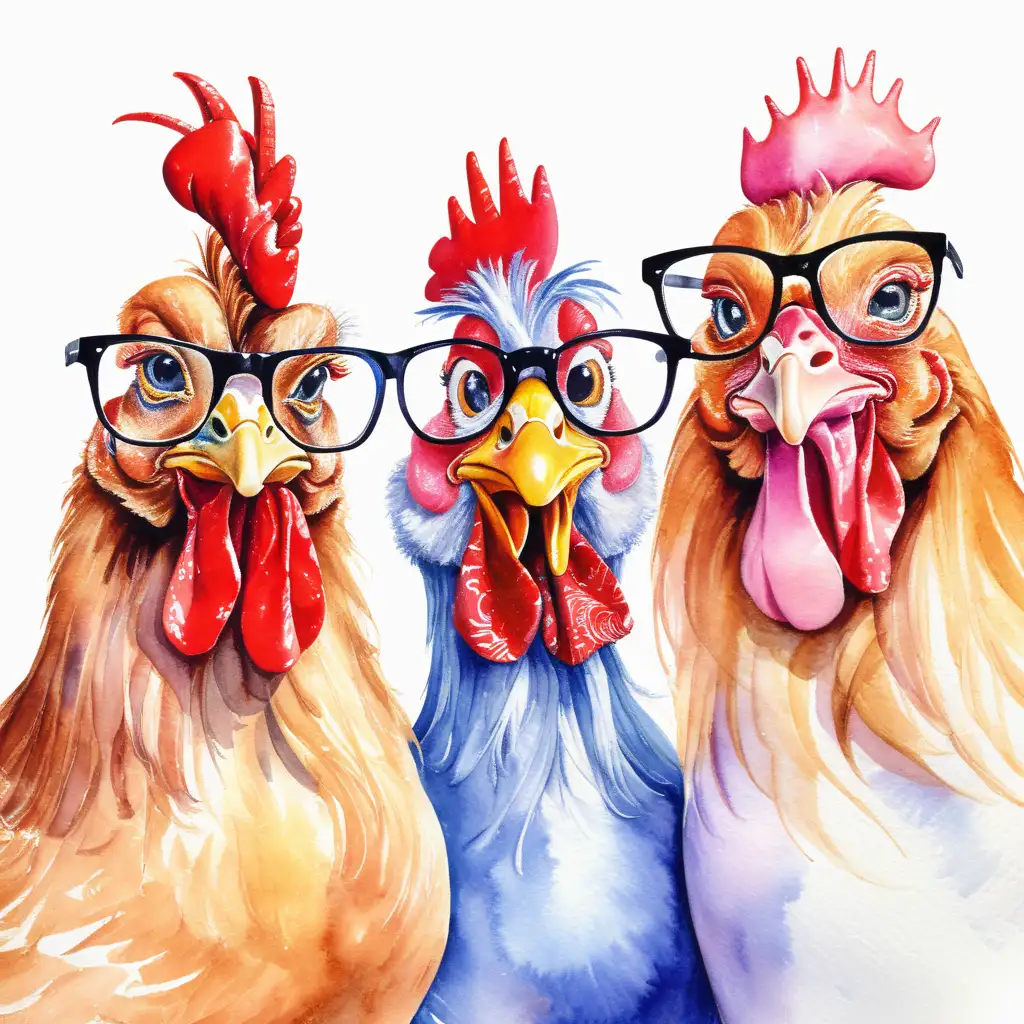 Three Silly Hens in Watercolor with Clothes and Big Glasses
