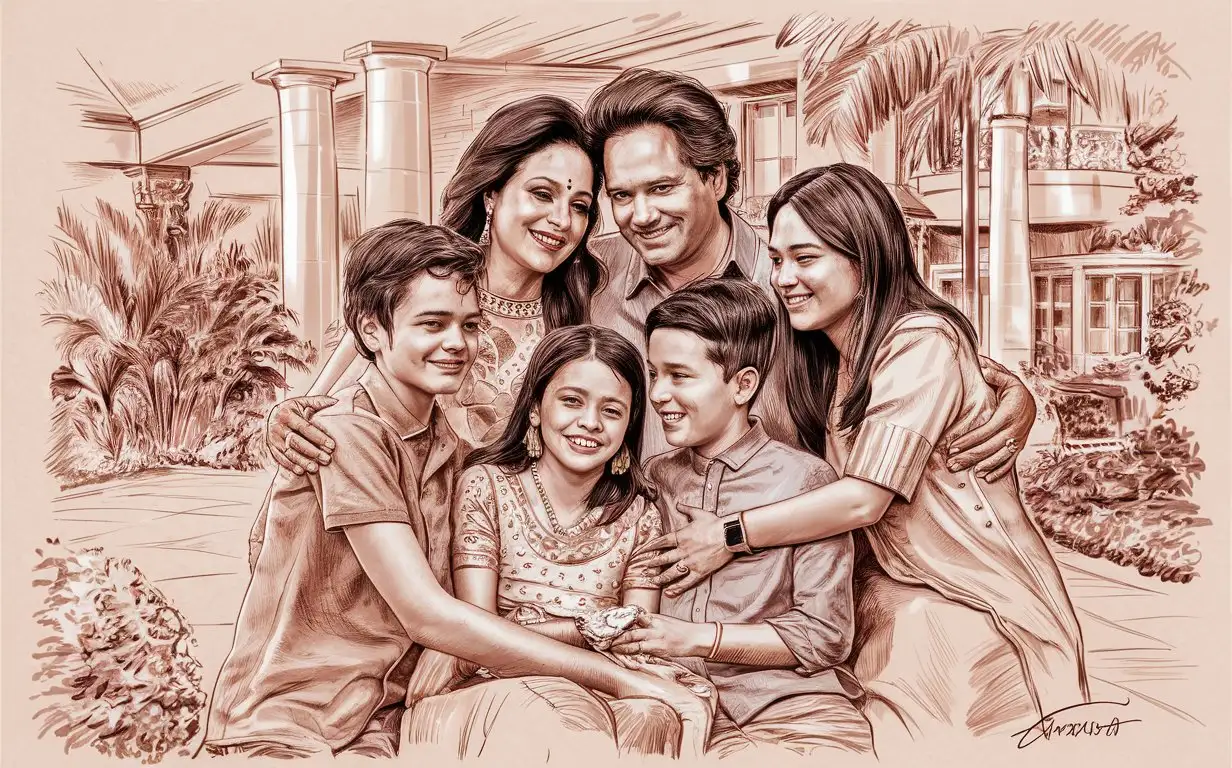 Mukesh Ambanis Family Portrait Sketch Multigenerational Bonding and Elegance