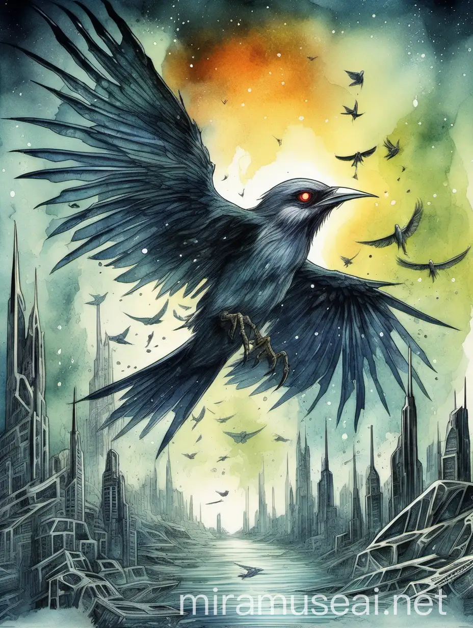 2D matte watercolor book cover illustration, science fiction, abstract expressionism, ultra-high detail, bird of death