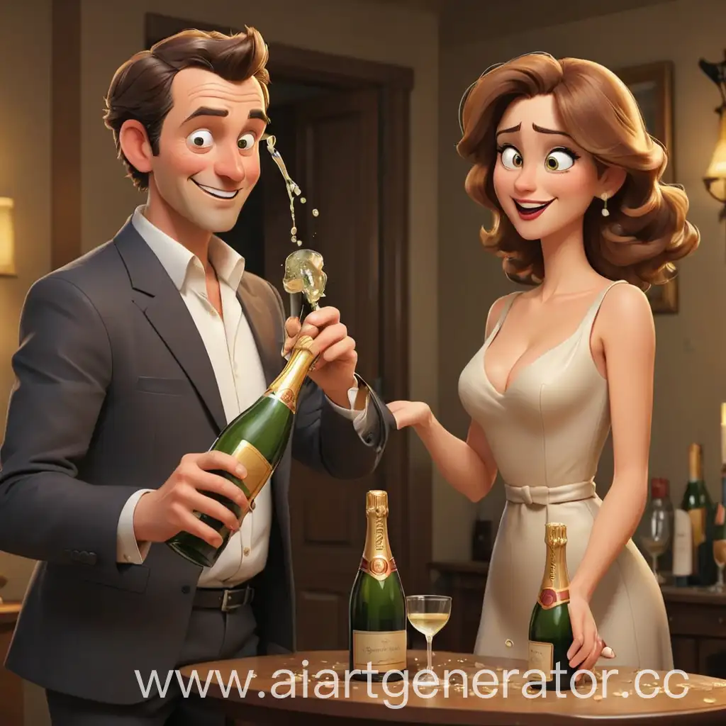 Cartoon-Man-Popping-Champagne-Bottle-Celebrating-with-Woman