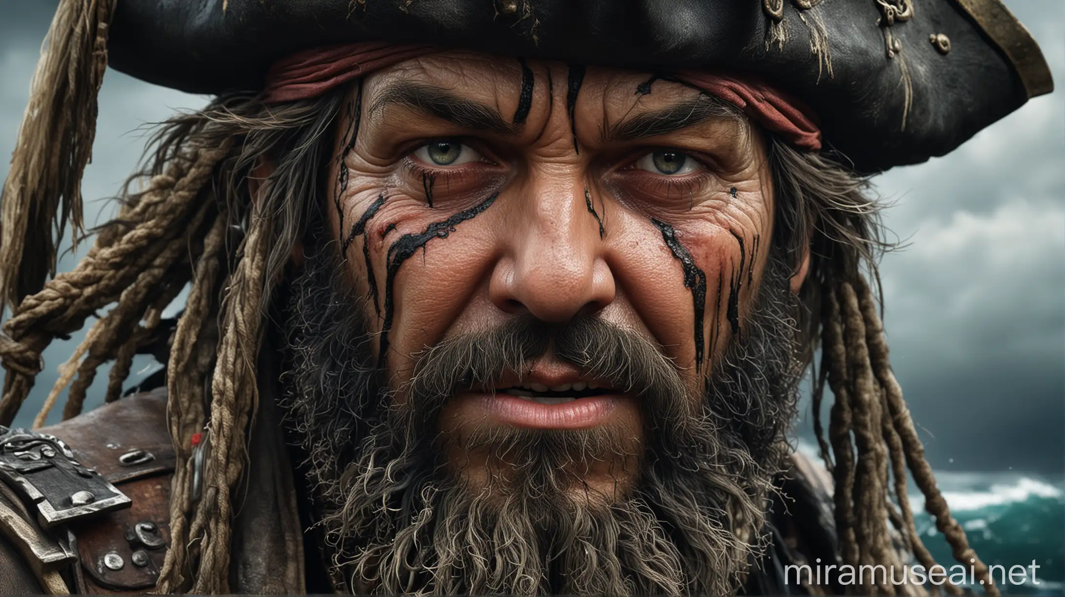 Hyper Realistic Portrait of Blackbeard the Pirate with Weathered Features and Menacing Glint