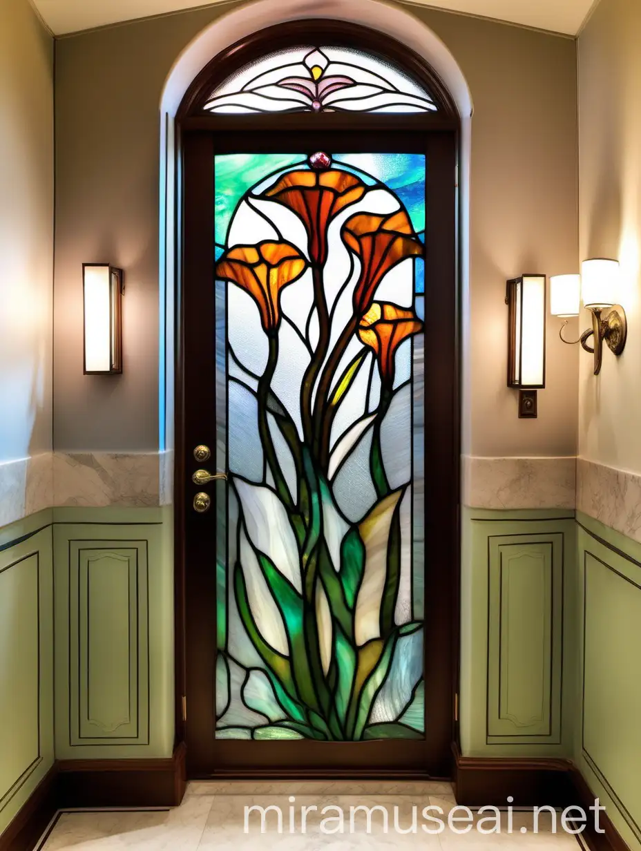 витраж цветы аморфофаллоса 
 титанического с абстрактными плавными линиями из цветного стекла тиффани в стиле ар нуво на двери в ванной