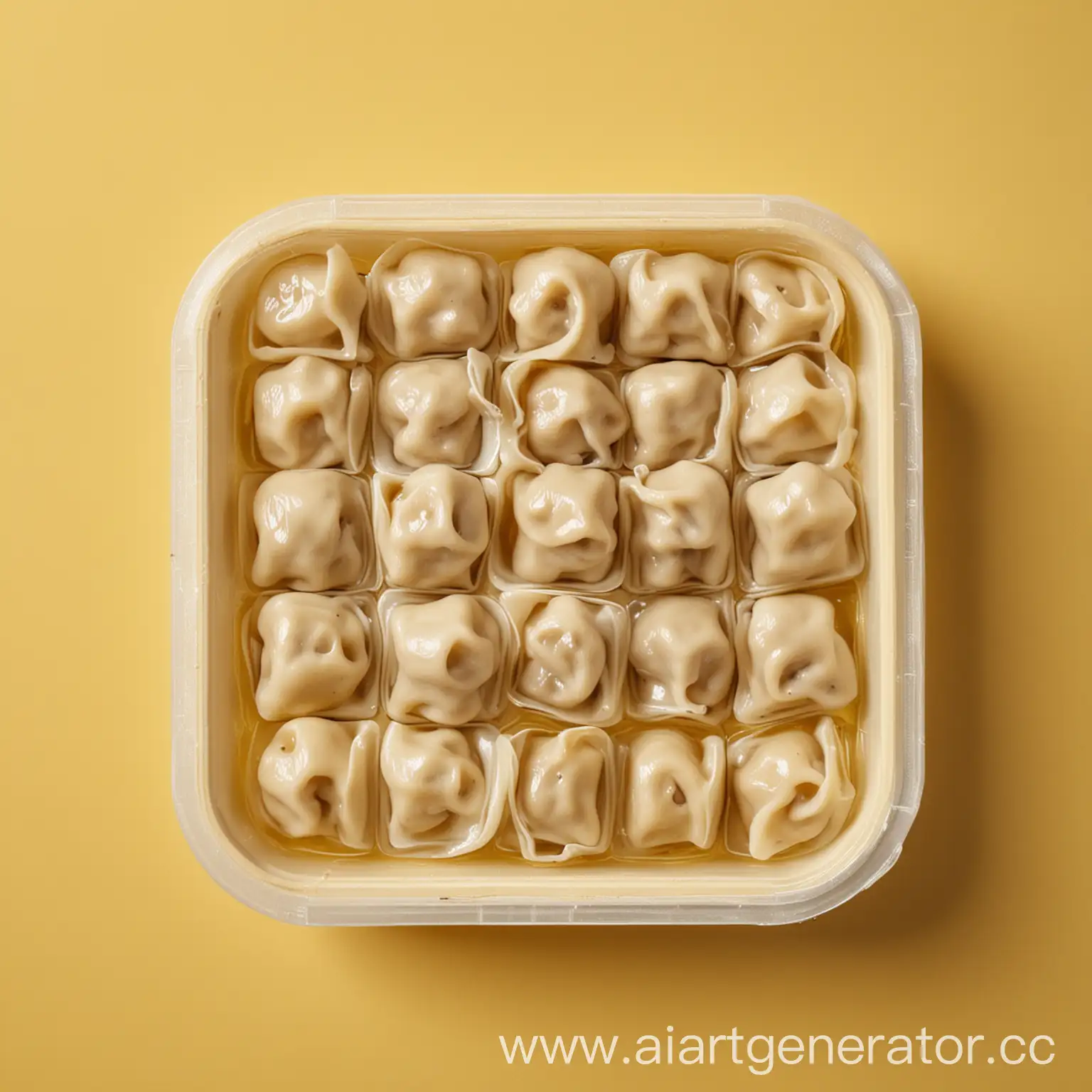 Plastic-Container-with-Pelmeni-on-Ice-Cubes-Vibrant-Culinary-Presentation-on-Yellow-Background