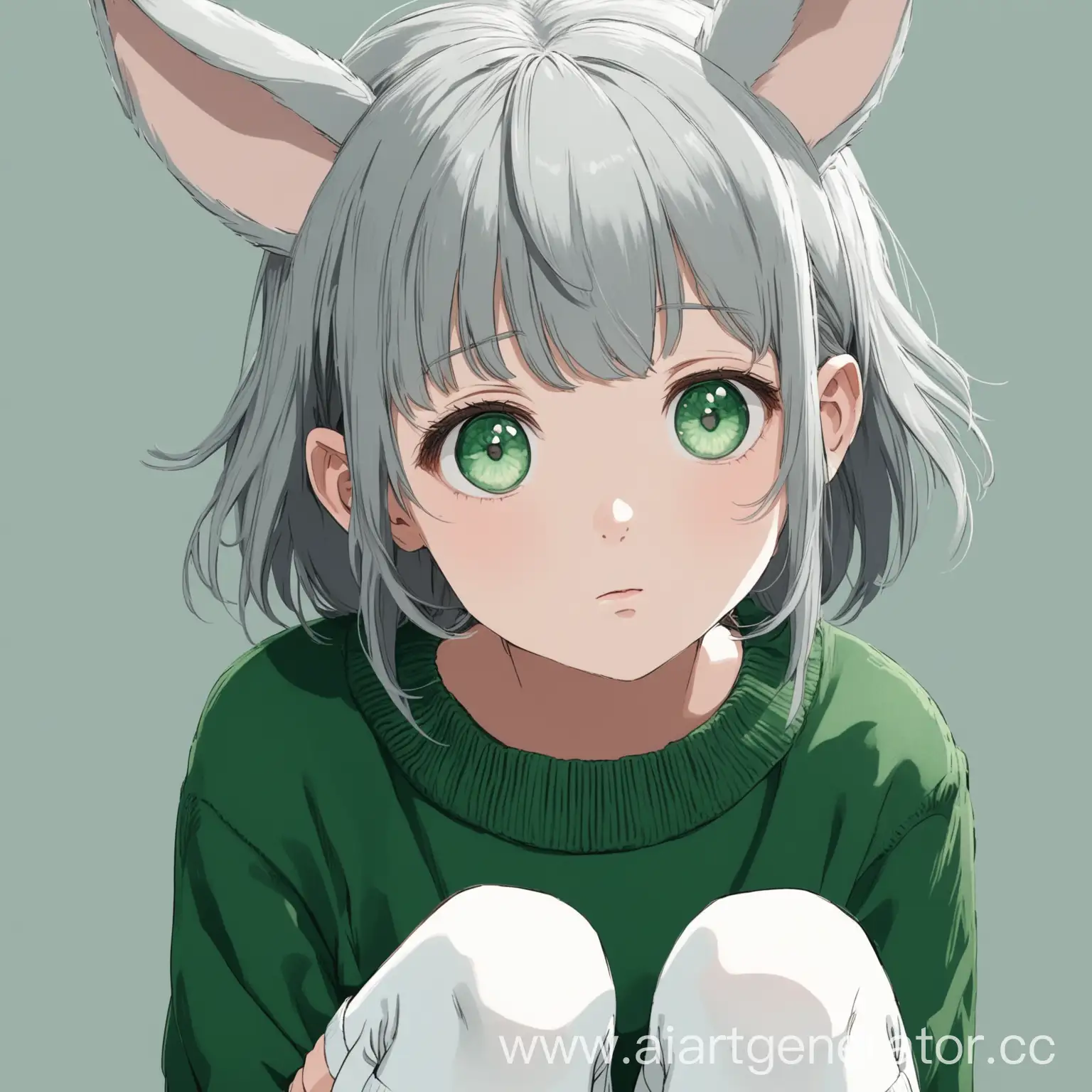 Girl-with-Gray-Hair-in-Green-Sweater-and-Ears-Headband