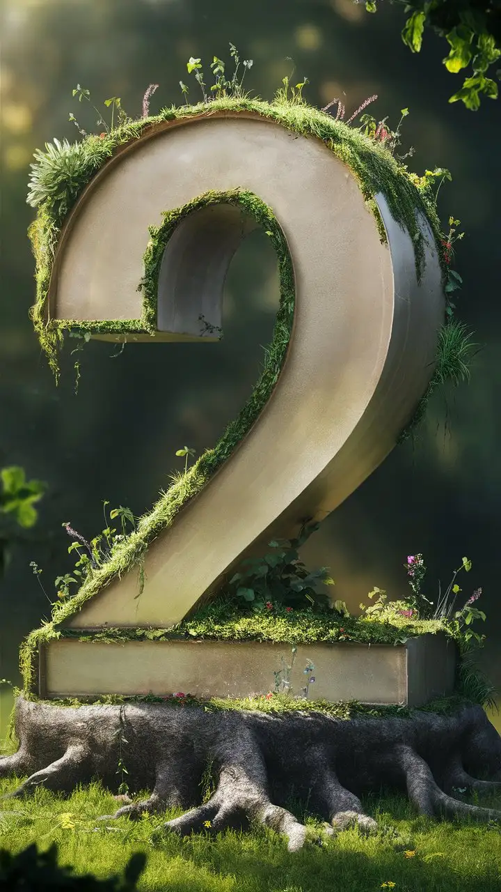 The number “2” in a statue like state, with roots and showcasing greenery. 



