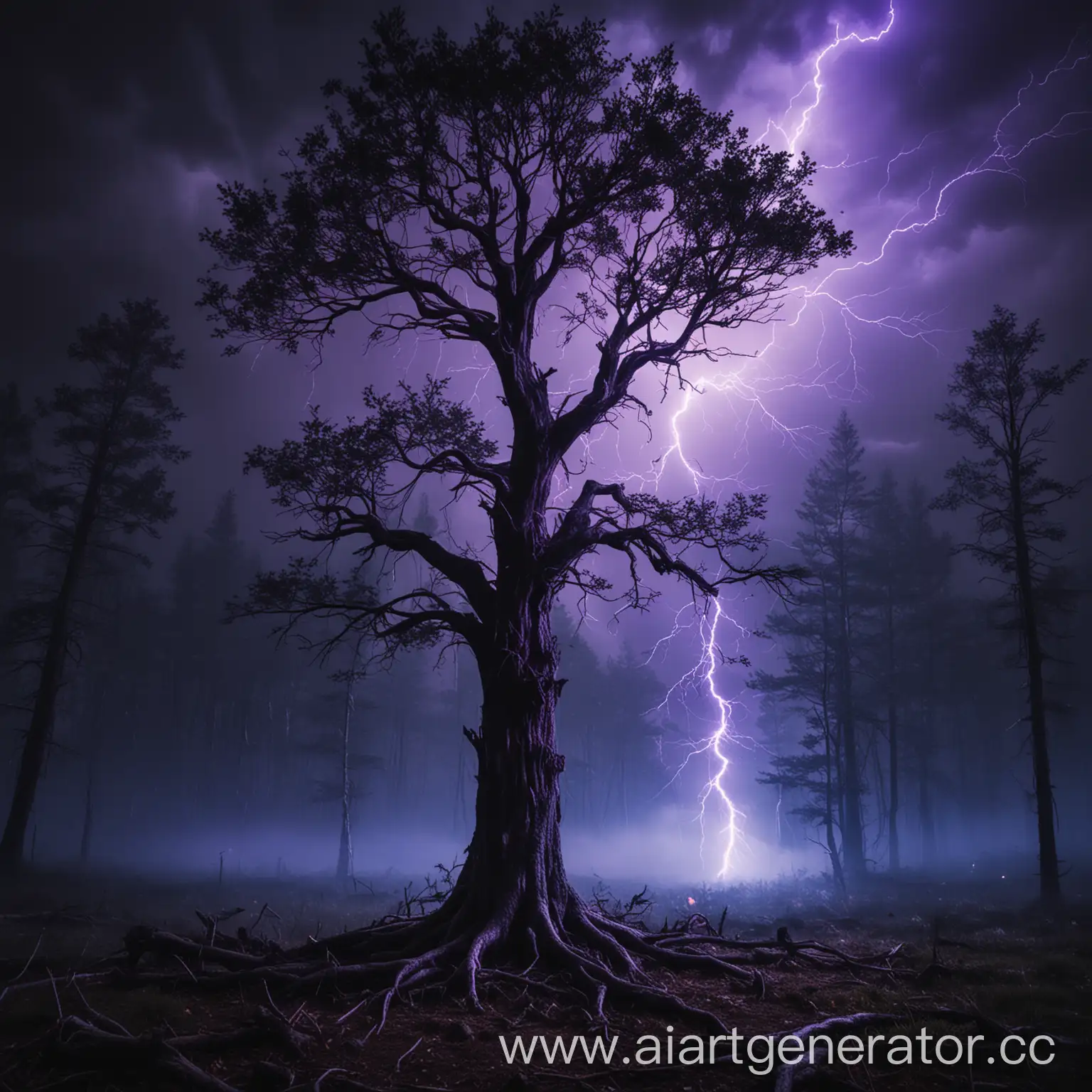 темное дерево в темном лесу где ударило феолетовая молния  
