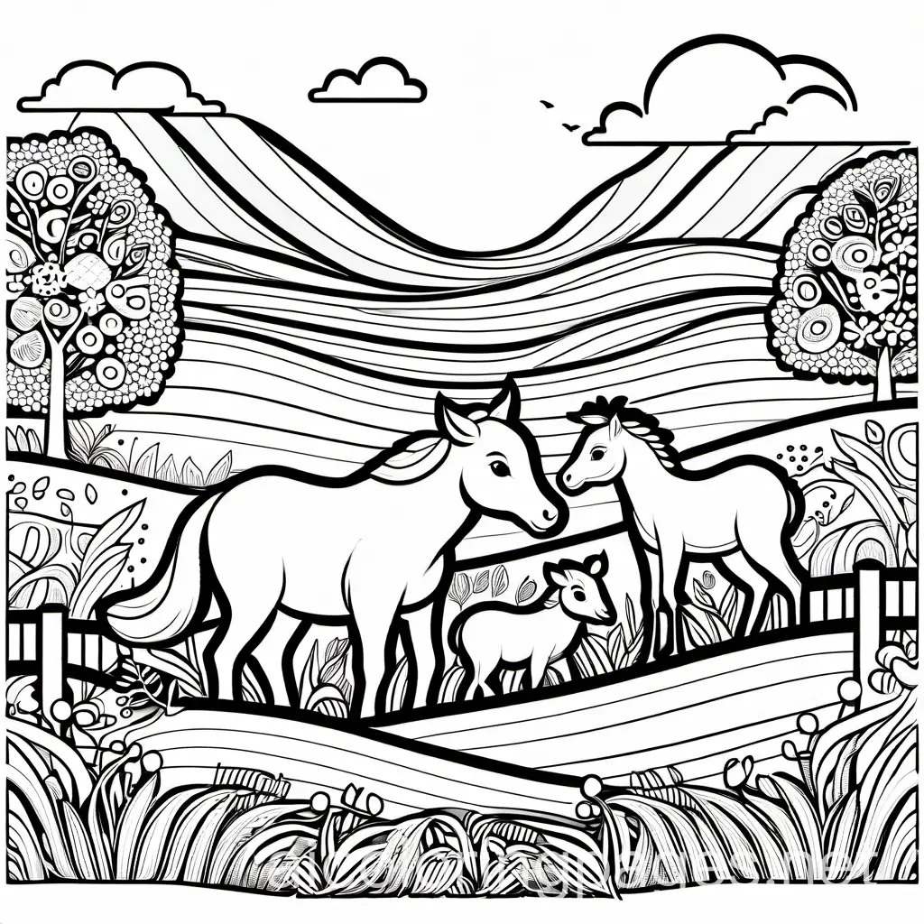 Friendly animals playing in a meadow, Coloring Page, black and white, line art, white background, Simplicity, Ample White Space. The background of the coloring page is plain white to make it easy for young children to color within the lines. The outlines of all the subjects are easy to distinguish, making it simple for kids to color without too much difficulty
