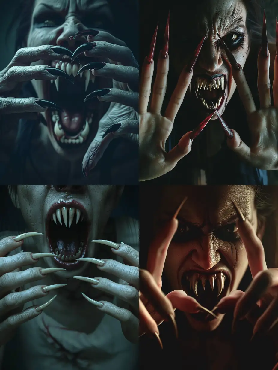 A photorealistic scene of a wild ugly monstruos vampire woman with extra long pointed fingernails, on each hands with five fingers, her mouth is threateningly open, and terrible teeth look like fangs, the vampire looks like she climbed out of the grave, her nails resemble the claws of a predators.scene inside darkness room,hyper-realism, cinematic, high detail, photo detailing, high quality, photorealistic, aggressive, dark atmosphere, realistic, the smallest details, detailed nails, horror, atmospheric lighting, full anatomical, photorealism, detailed, textured, dark, haunting, night-time scene, realistic anatomy, human hands, very clear without flaws with five fingers.