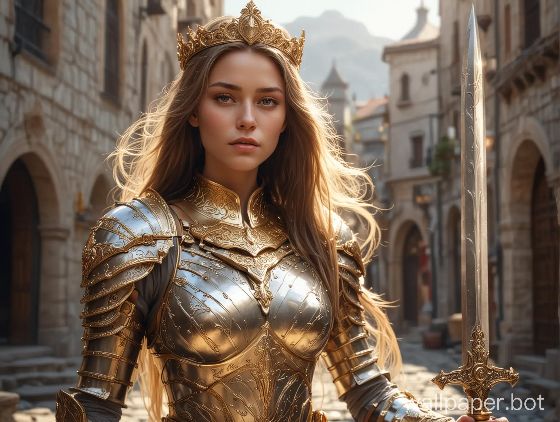 female princess. gold plate armor. long hair. gold shield. gold bigsword. big breast. full body view. ancient city. ultra realistic. hdr. lens flare. pure white skins. gold tiara.