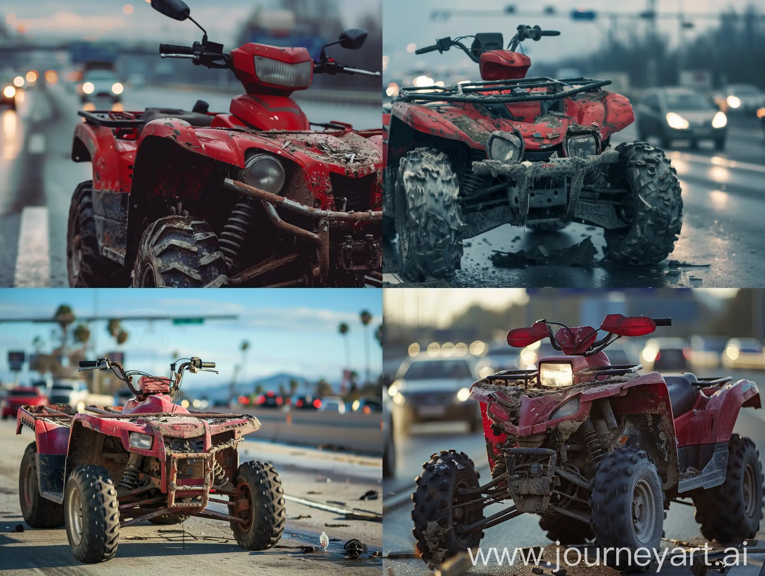 A broken red ATV is parked on a busy highway. The ATV has no headlights, the entire front part is broken
