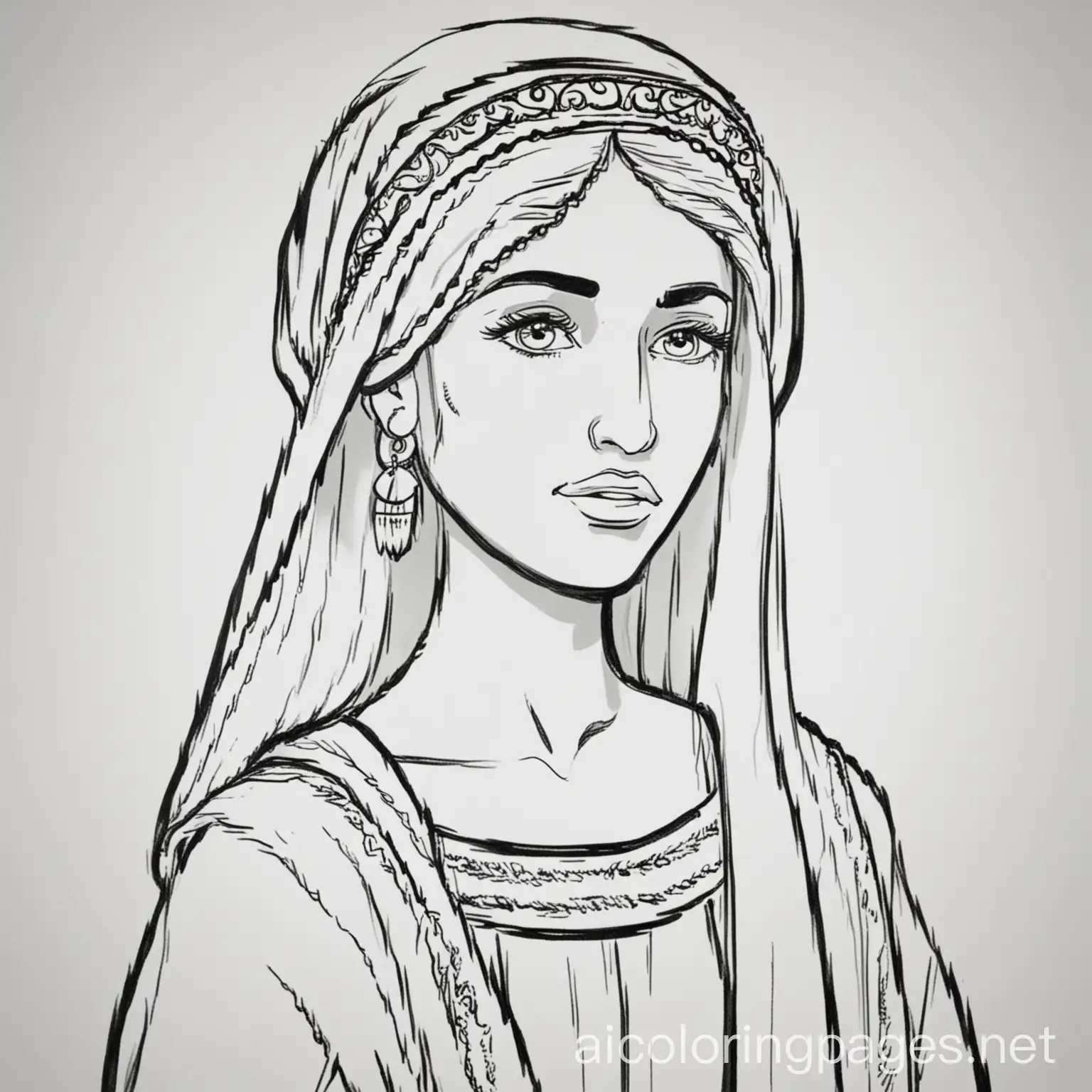 Rebekah wife of Isaac of the bible black and white coloring page, Coloring Page, black and white, line art, white background, Simplicity, Ample White Space. The background of the coloring page is plain white to make it easy for young children to color within the lines. The outlines of all the subjects are easy to distinguish, making it simple for kids to color without too much difficulty
