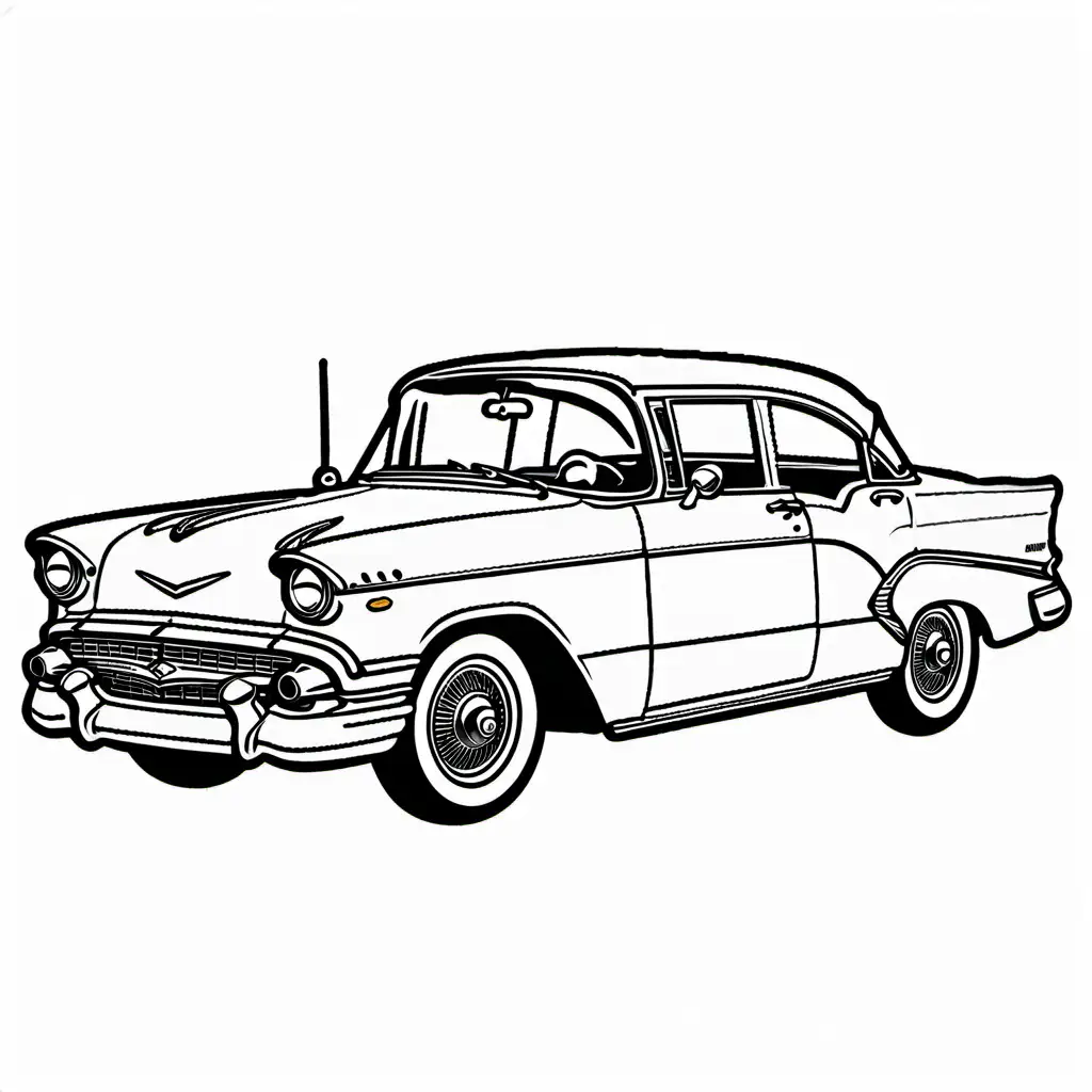 classic car, Coloring Page, black and white, line art, white background, Simplicity, Ample White Space. The background of the coloring page is plain white to make it easy for young children to color within the lines. The outlines of all the subjects are easy to distinguish, making it simple for kids to color without too much difficulty