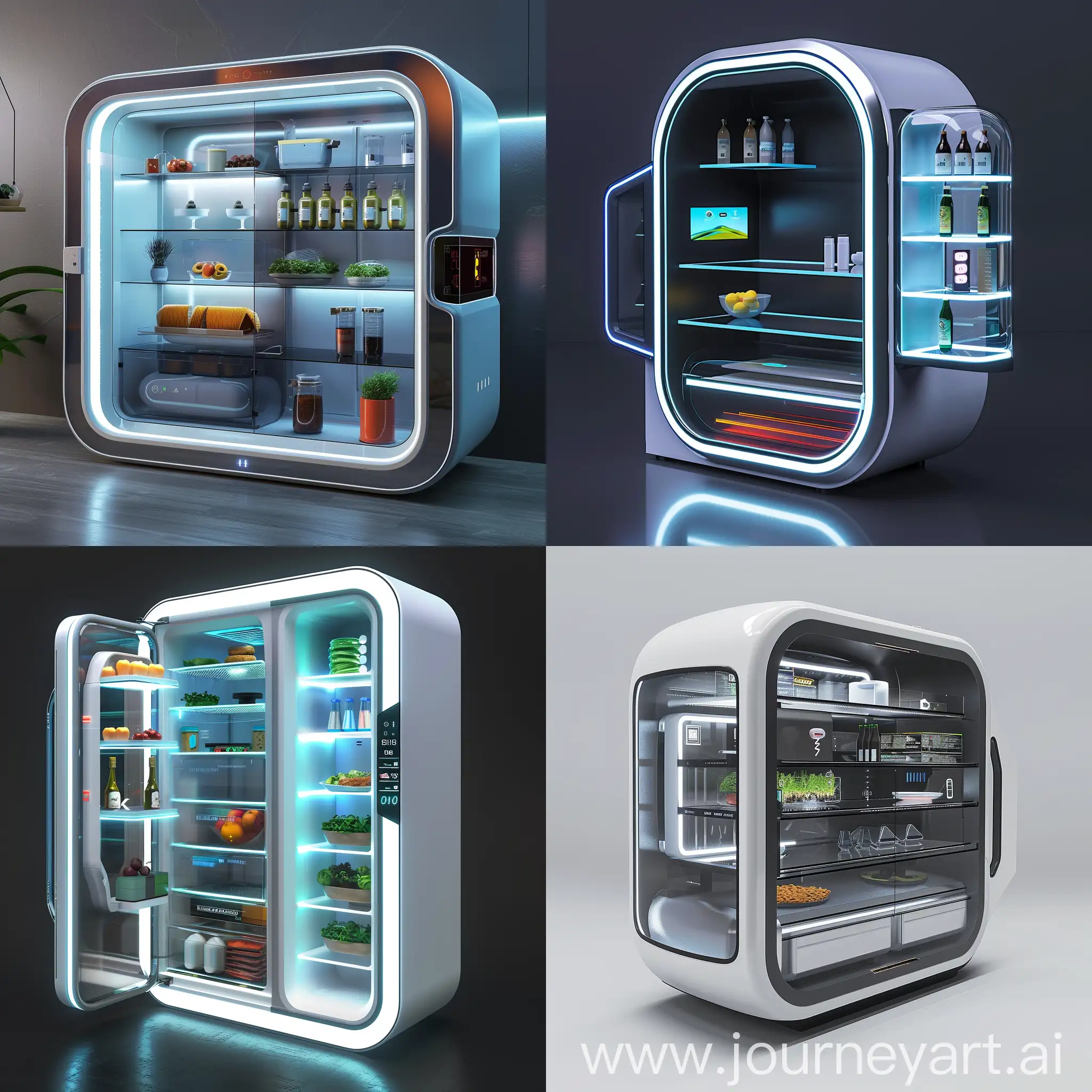 Futuristic fridge, in futuristic style, Smart Shelves with Weight Sensors, Adjustable Temperature Zones, Transparent OLED Displays, Self-Cleaning Surfaces, Automated Inventory Management, Voice and Gesture Control, Energy-Efficient Cooling Technology, Nutritional and Health Monitoring, Automated Restocking, Built-in Water and Air Purification Systems, Interactive Touchscreen Door, Smart Glass Technology, Integrated AI Personal Assistant, Proximity Sensors and Automatic Door Opening, Wi-Fi and Bluetooth Connectivity, Customizable Exterior Panels, Built-in Cameras, Energy-Efficient LED Lighting, UV-C Sterilization Technology, Wireless Charging Stations, Carbon Fiber Shelving, Polycarbonate Liners, Aluminum Alloy Cooling Coils, Plastic Interior Components, Foam Composite Insulation, Titanium Hinges and Hardware, Magnesium Alloy Door Frames, Polymer Door Seals, Composite Compressor Housing, Hollow-Core Shelving, Aluminum Alloy Exterior Panels, Polycarbonate Door Handles, Thin Profile LED Display, Slimline Glass Doors, Integrated Plastic Trim, Carbon Fiber Reinforced Plastic Kick Plate, Fiberglass Reinforced Plastic Back Panel, Retractable Handles, Hollow-Core Exterior Walls, Minimalist Design, unreal engine 5 --stylize 1000