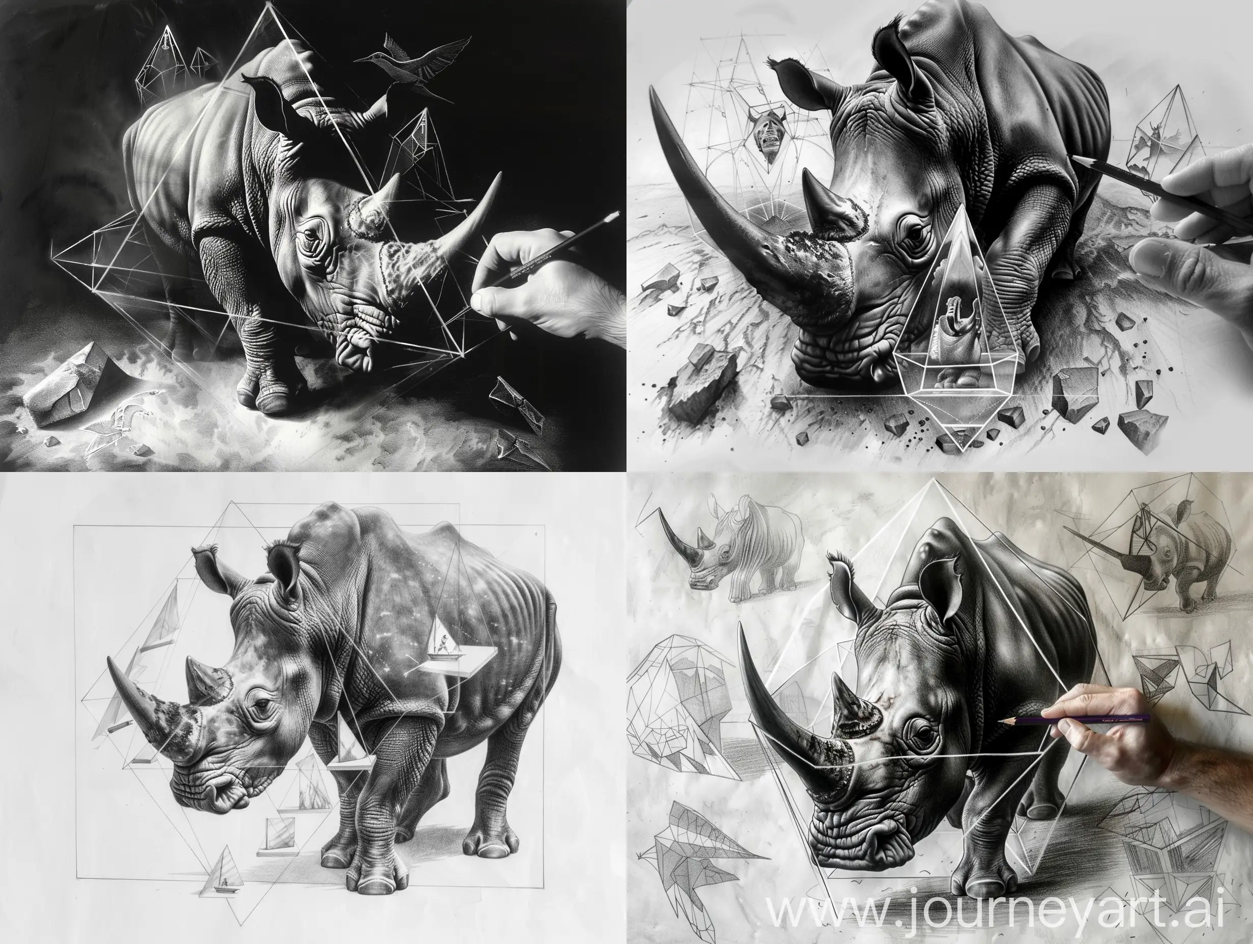 dark hyper realistic pencil sketch of a rhino inside a prism, with additional details added