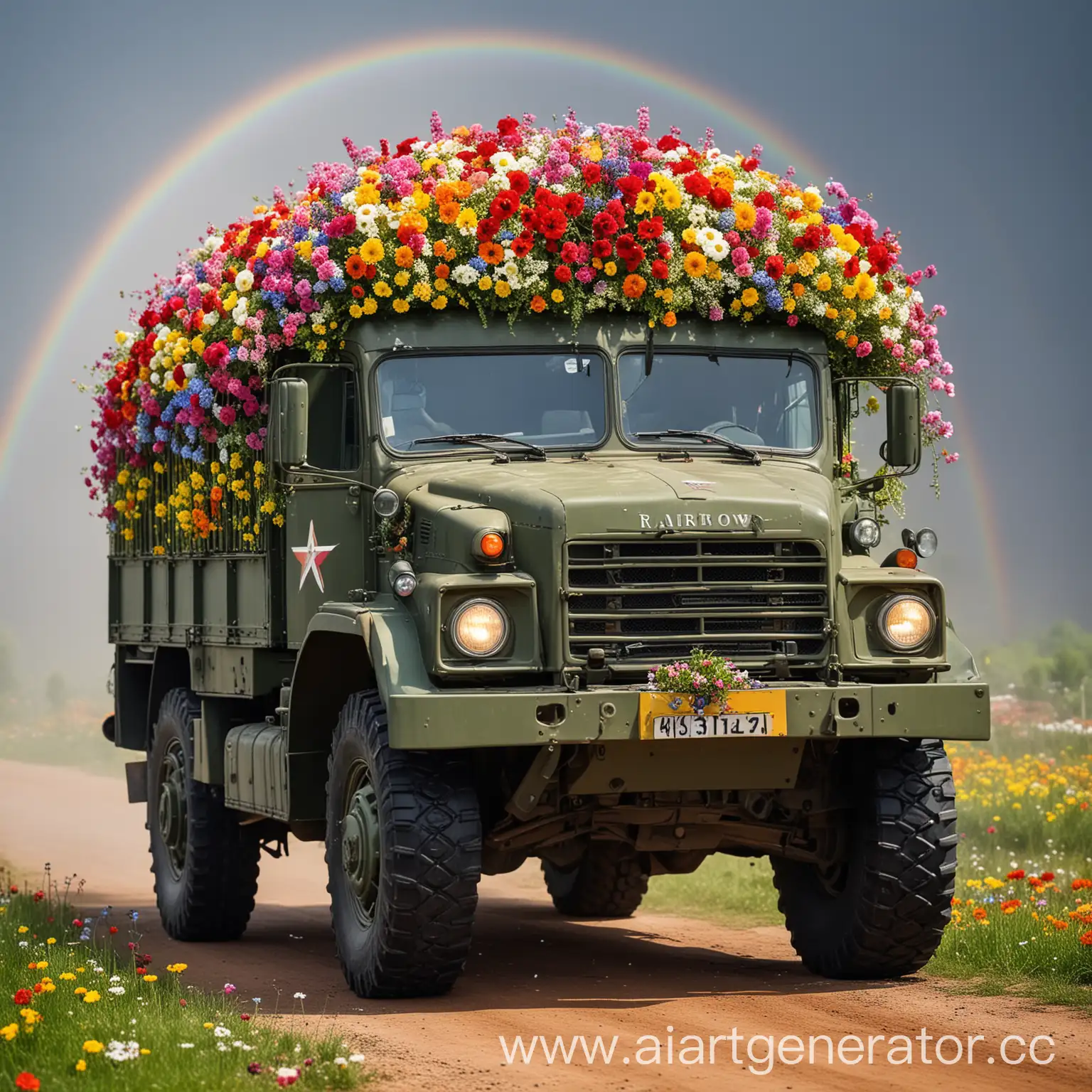 Colorful-Flowers-and-Rosettes-Adorn-Military-Truck-Under-Rainbow