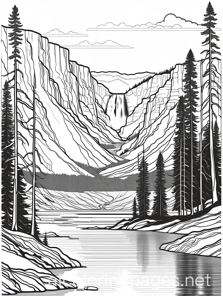 yellowstone, Coloring Page, black and white, line art, white background, Simplicity, Ample White Space. The background of the coloring page is plain white to make it easy for young children to color within the lines. The outlines of all the subjects are easy to distinguish, making it simple for kids to color without too much difficulty