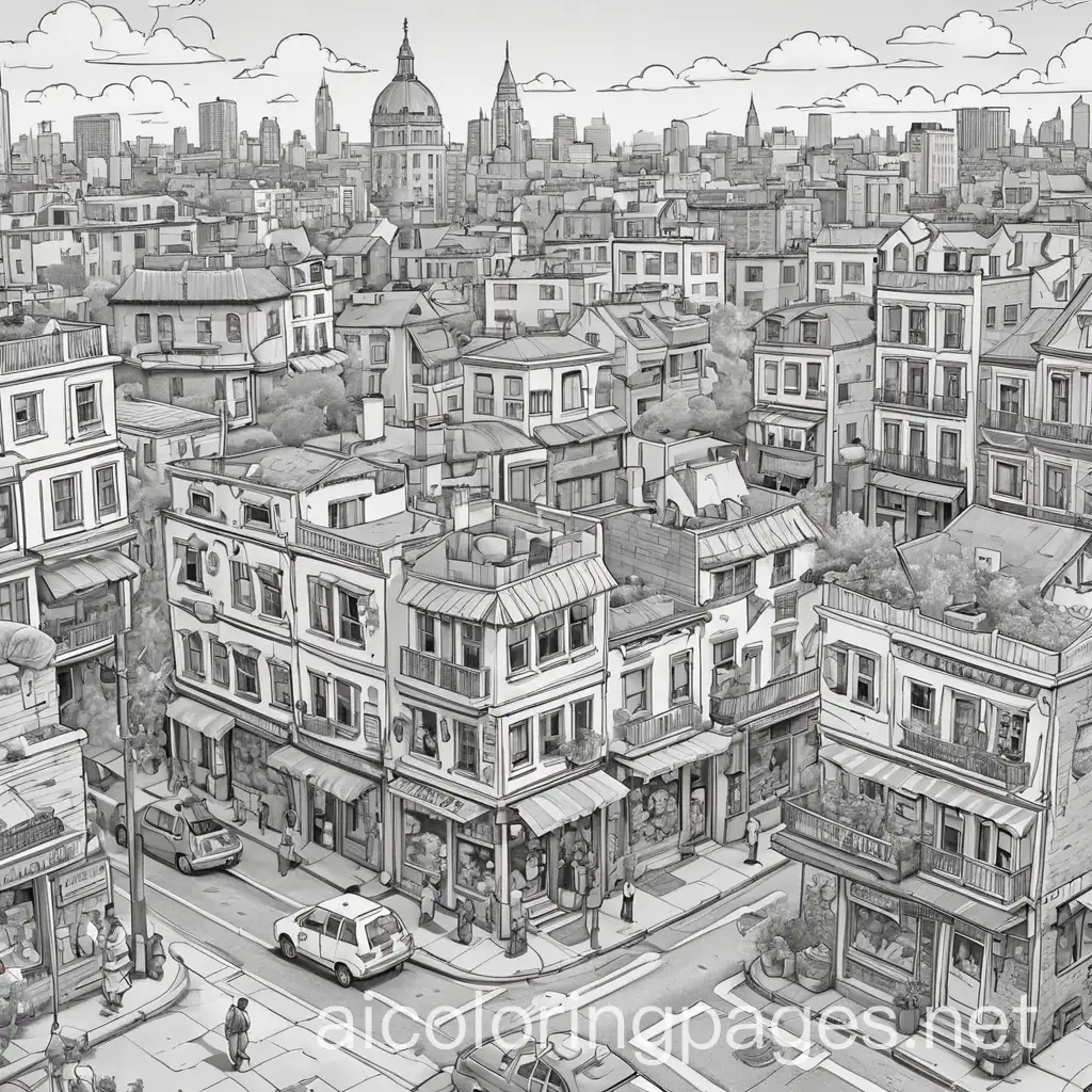 Whimsical-Cartoon-Cityscape-Coloring-Book-Cover-Laughable-Ghettos-and-Lively-Characters