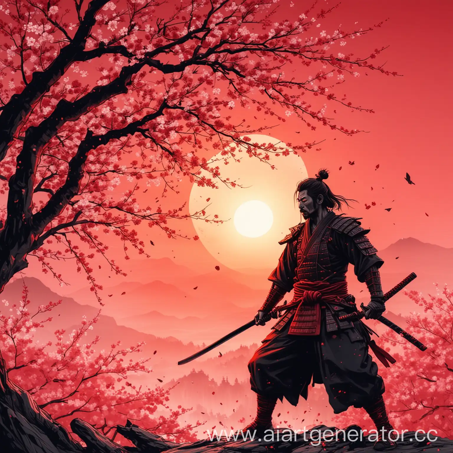 Самурай около опадающей сакуры на фоне красного рассвета в нарисованной стилистике 