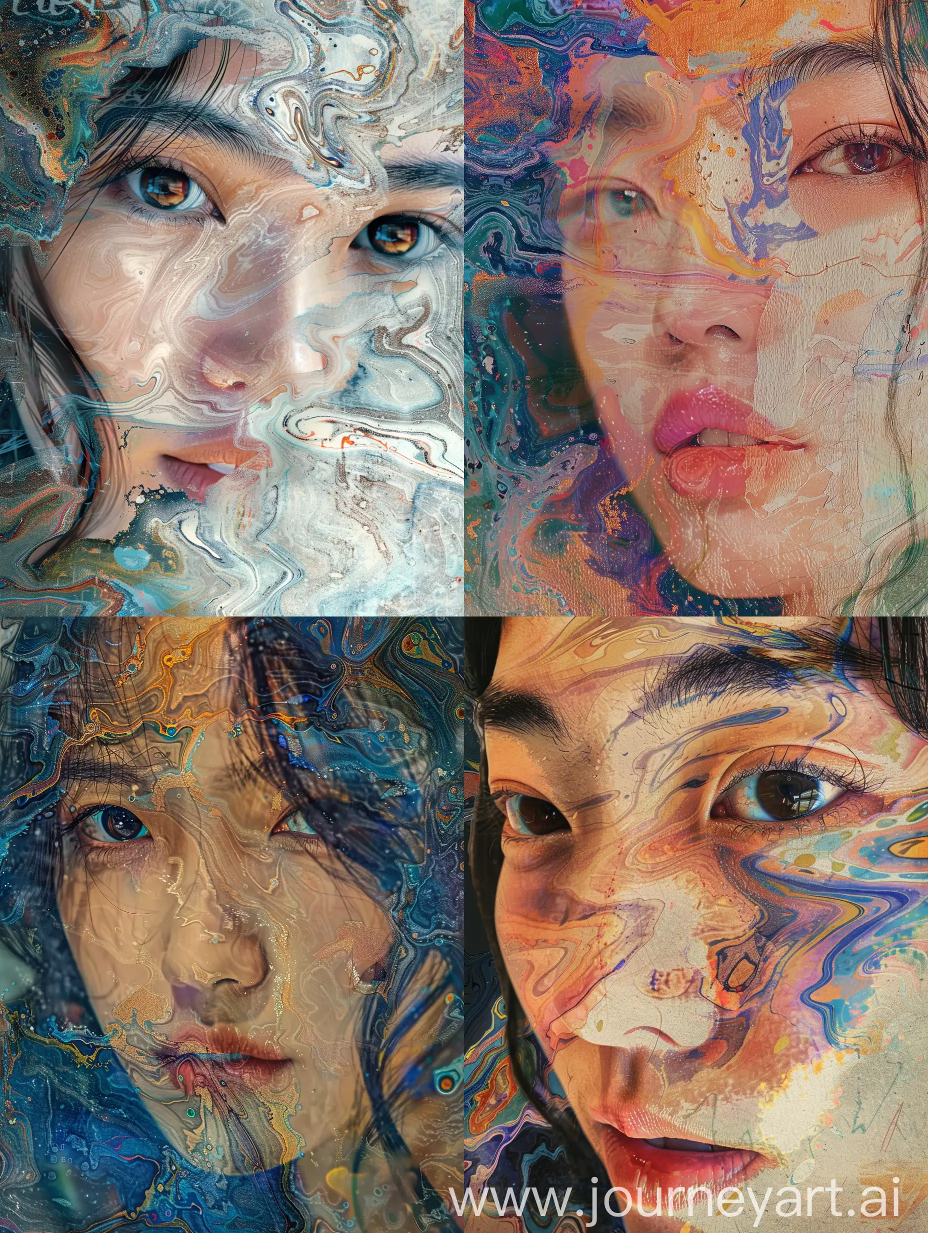 Created with Midjourney Al engine. PP work in Luminar Neo Al filters for: Face; Eyes; Mouth; Skin A painting of an asian woman soft tones Ebru turkish marbling syle