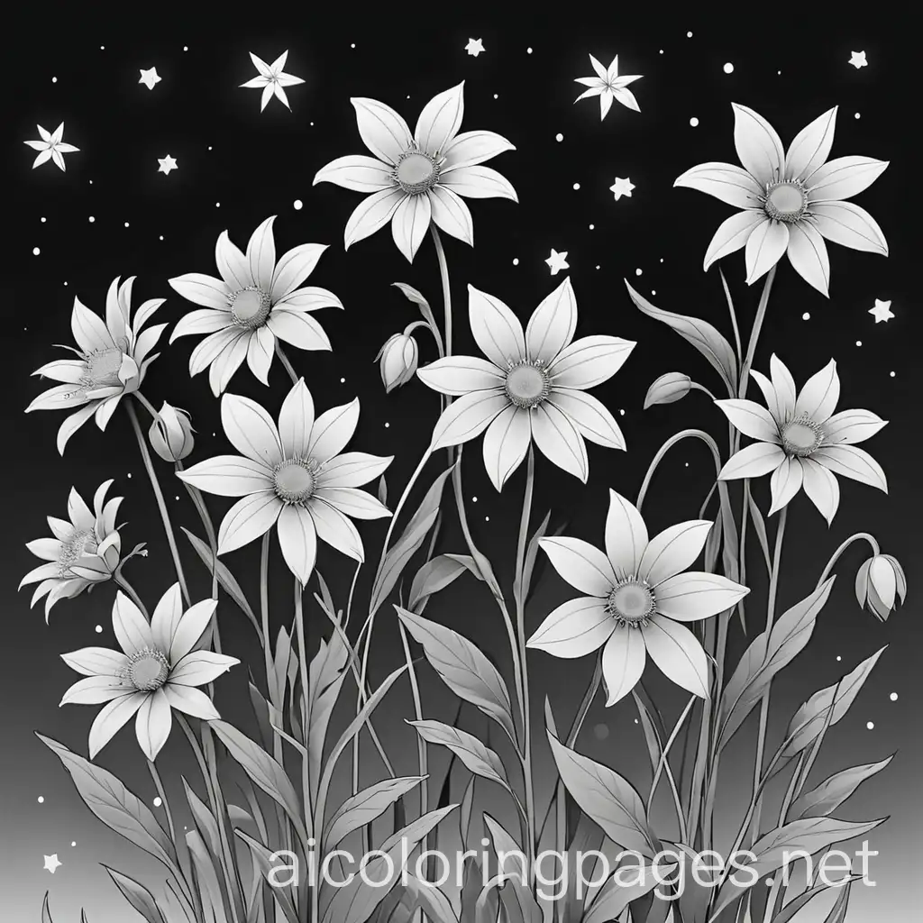 stars night flowers, Coloring Page, black and white, line art, white background, Simplicity, Ample White Space. The background of the coloring page is plain white to make it easy for young children to color within the lines. The outlines of all the subjects are easy to distinguish, making it simple for kids to color without too much difficulty
