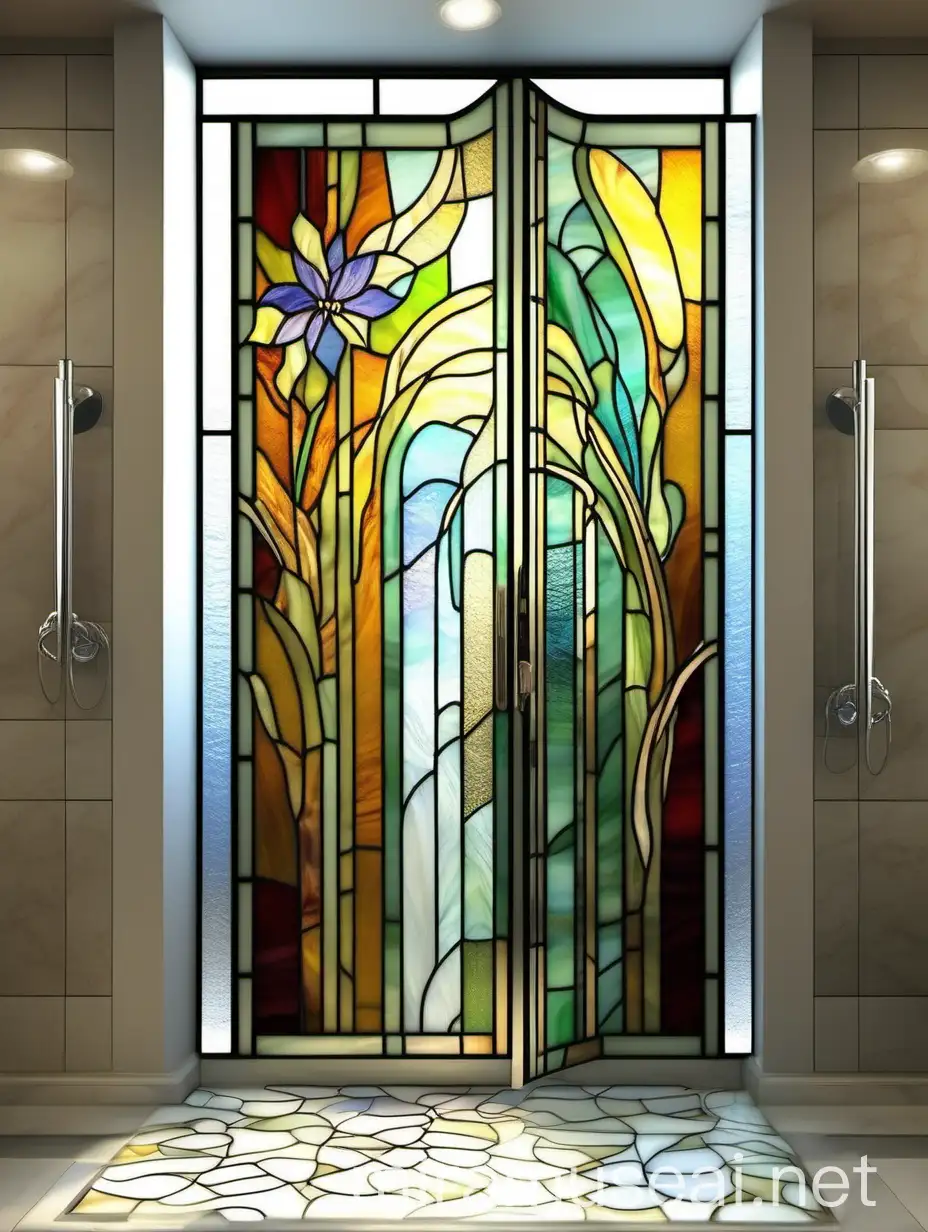 Art Deco Stained Glass Door Abstract Lines Clematis and Curls in Bathroom