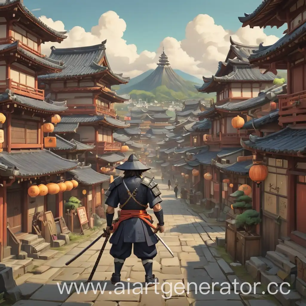 Cartoonish-Samurai-Cityscape-Colorful-Illustration-of-a-Vibrant-Urban-Landscape-with-Traditional-Japanese-Warriors