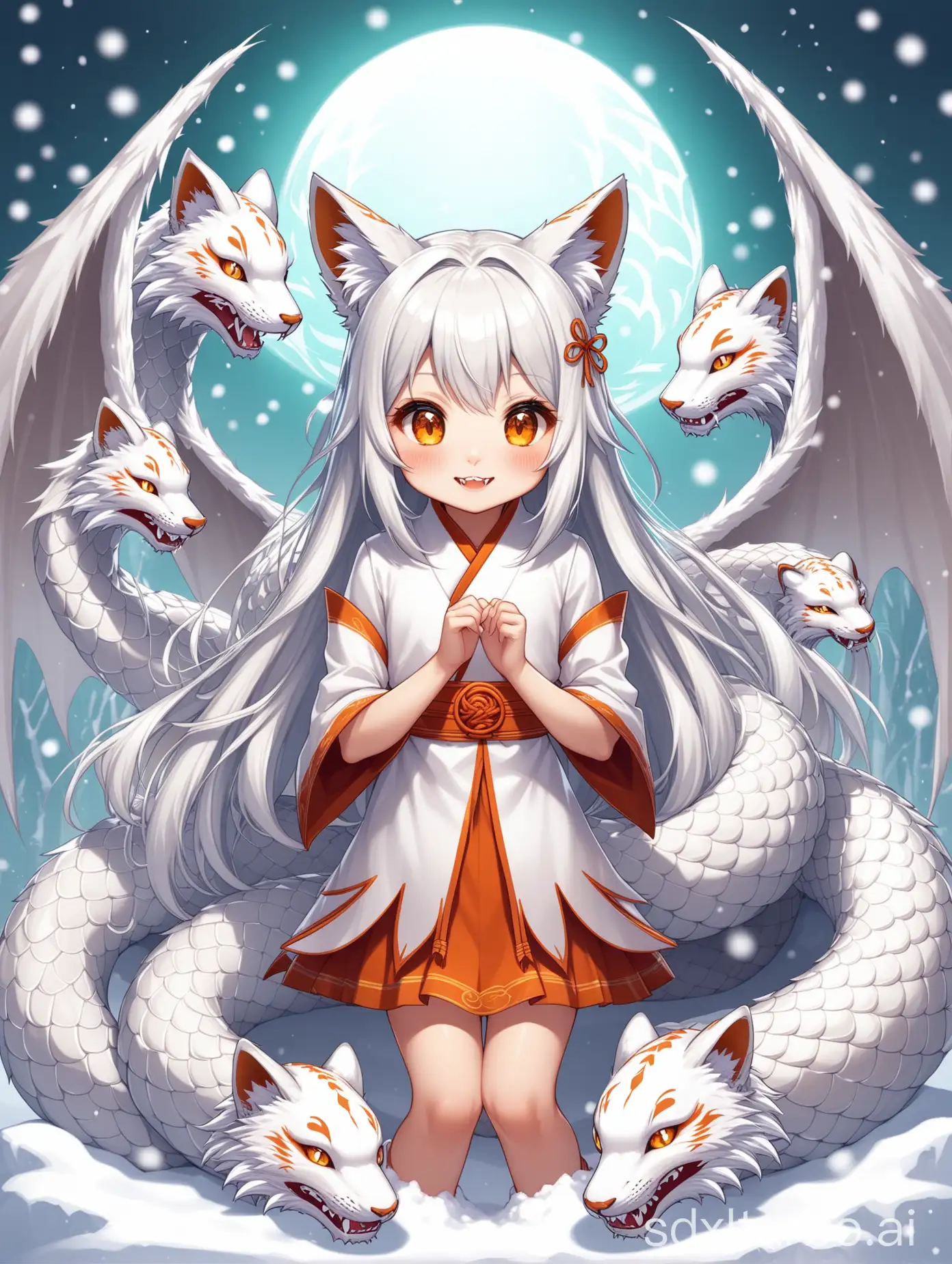 A nine-tailed fox with white tiger ears, dragon scales (less) claws, snow carving wings, snake teeth, cute little girl 9 years old and 5 heads