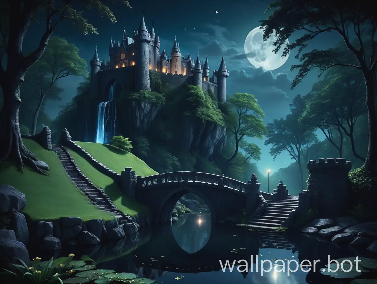  a distant castle perched atop a hill, overlooking the serene moonlit pond, the mysterious stone bridge, and the hidden waterfall within the dark magical forest.