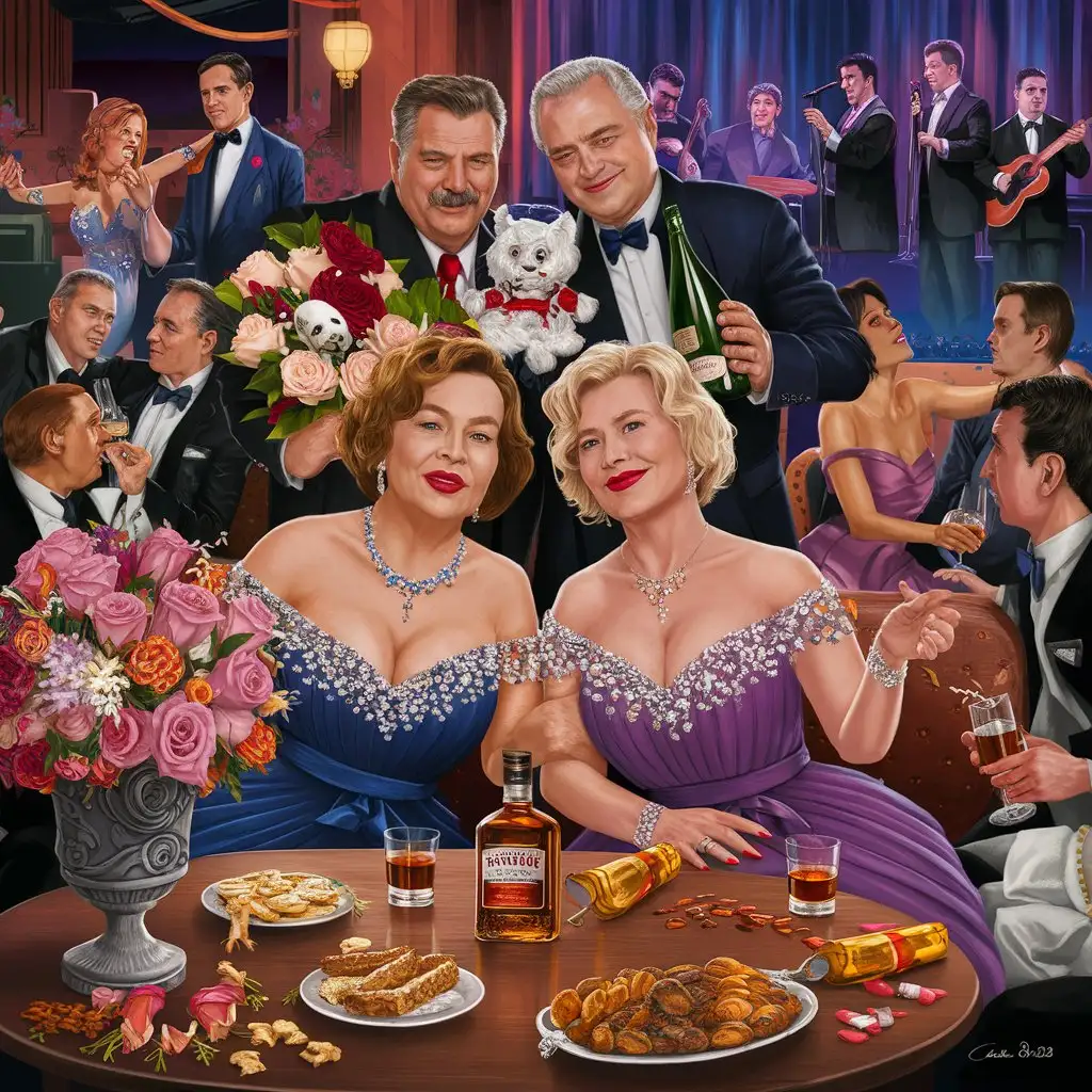 The picture with humour shows two average-age women sitting in beautiful gowns. The table is lined with plenty of snacks, food, a bottle of whiskey alcohol and two glasses. In the vase on the table are beautiful bouquets of flowers. Women are surrounded by beautiful men, there are many of them. In their hands, some hold bouquets of rose flowers, others hold mascots, and two men hold a bottle of champagne in their hands. In the background you can see a musical band and a singer playing music, and on the dance floor dancing couples. The club is cozy. The picture is humorous.