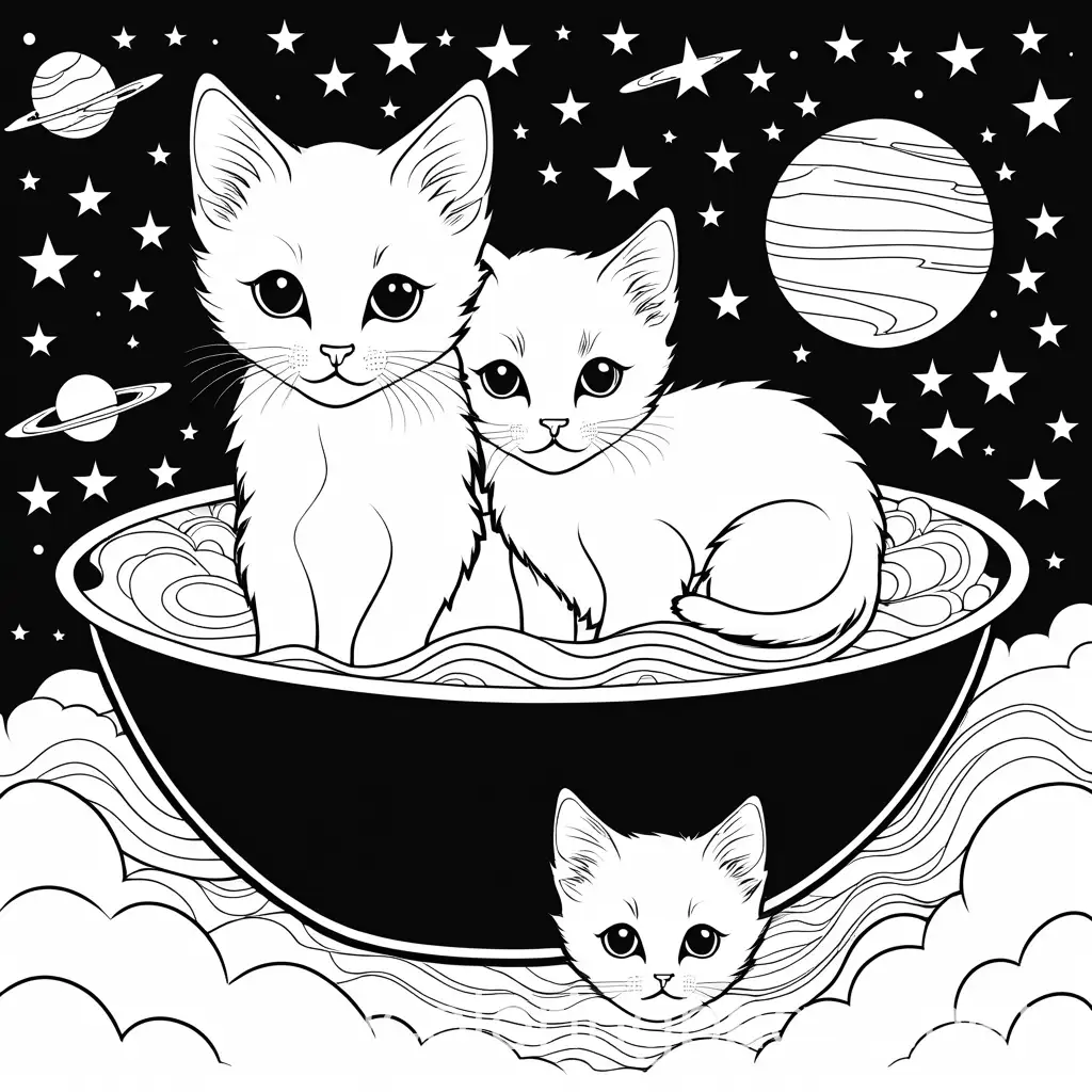 Kittens floating in the galaxy, Coloring Page, black and white, line art, white background, Simplicity, Ample White Space
