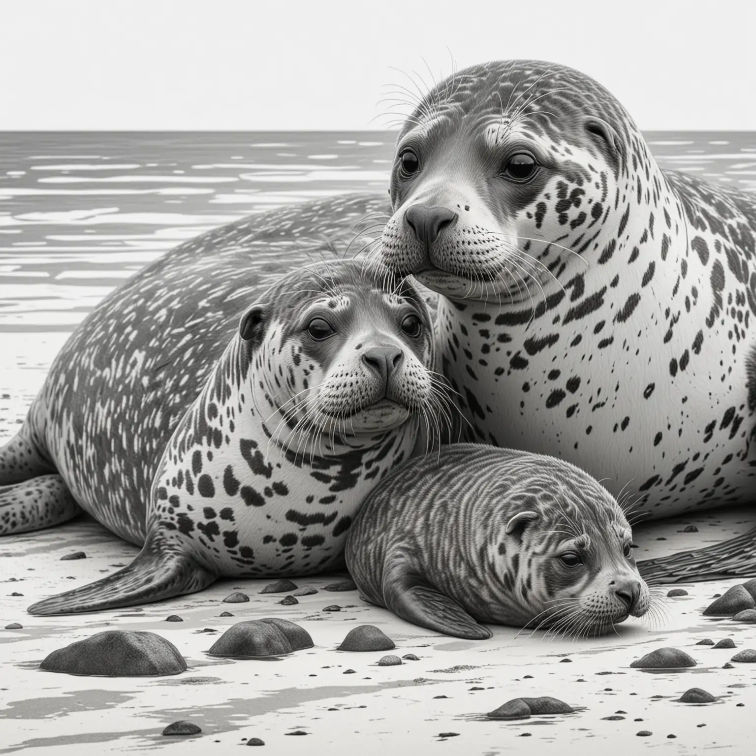 Detailed-Realistic-Drawing-Baltic-Harbor-Seal-with-Cub-on-Shore
